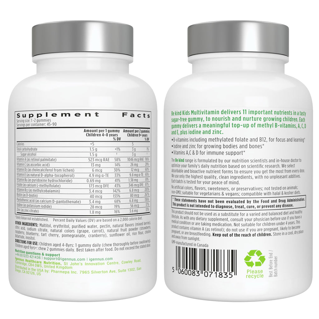 Igennus Methylated Kids Multivitamin Gummy – MTHFR Friendly, Sugar Free, 90 Gummies