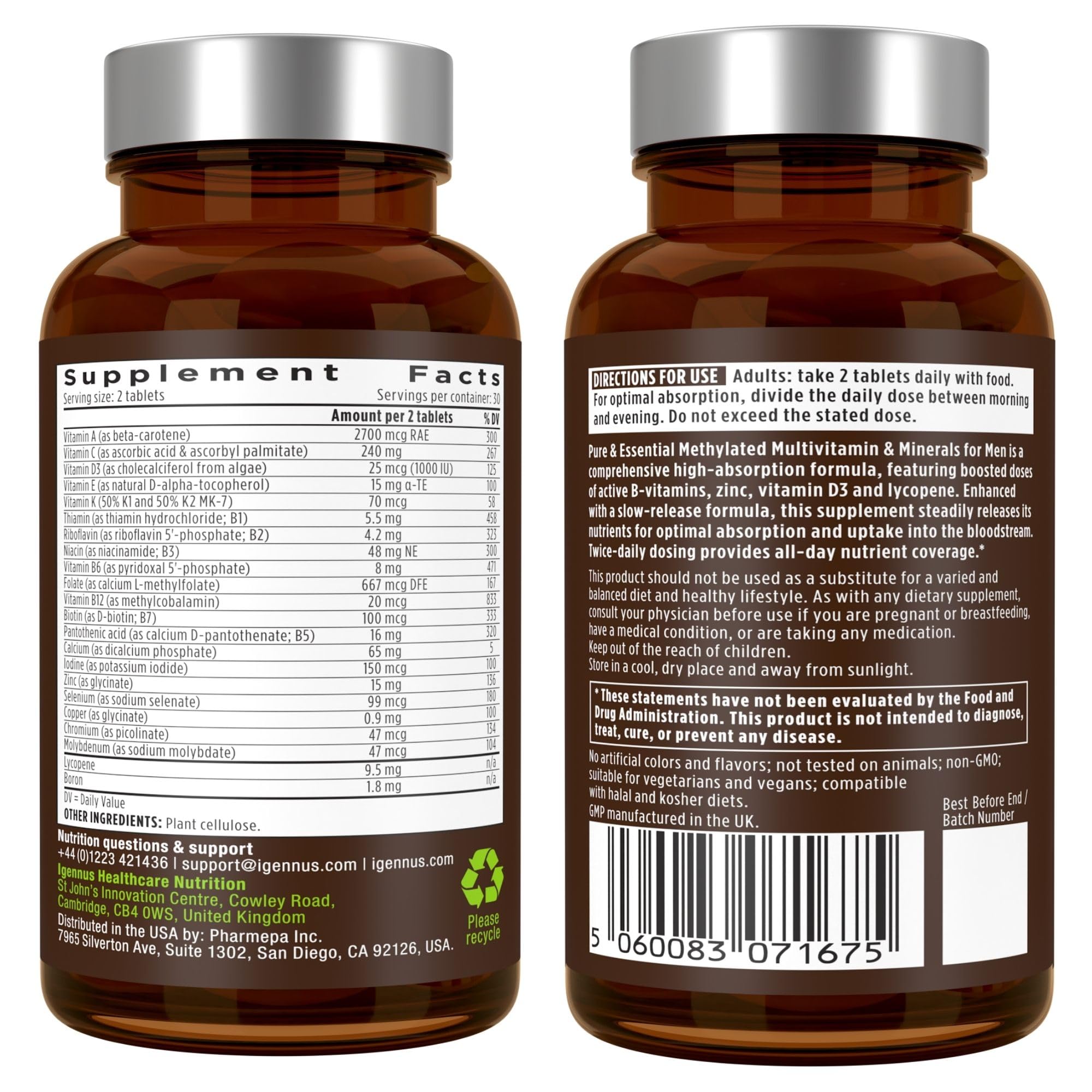 Igennus Methylated Men's Multivitamin – 60 Tablets | 22 Active Nutrients | Methylfolate & Methylcobalamin | Non-GMO & Halal