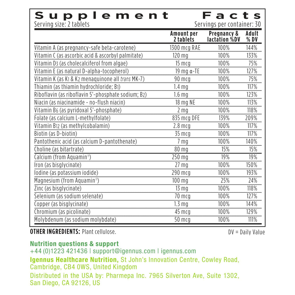 Igennus Methylated Prenatal Multivitamin for Women | High Absorption, MTHFR Folate, Gentle Iron, Vegan | 60 Tablets x 6