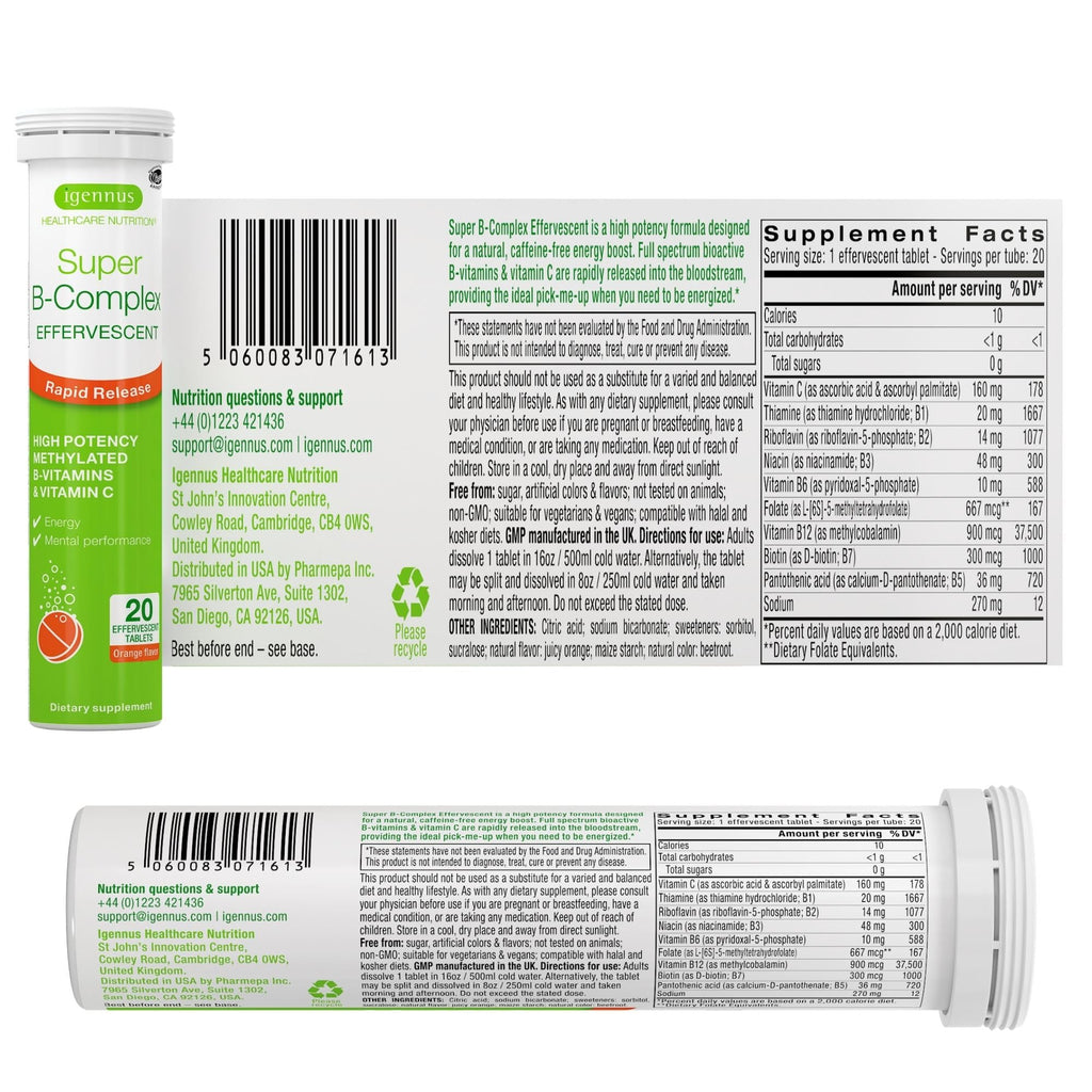 Igennus Super B-Complex – Methylated Liquid B-Vitamins, Orange, Vegan (20 Tablets)