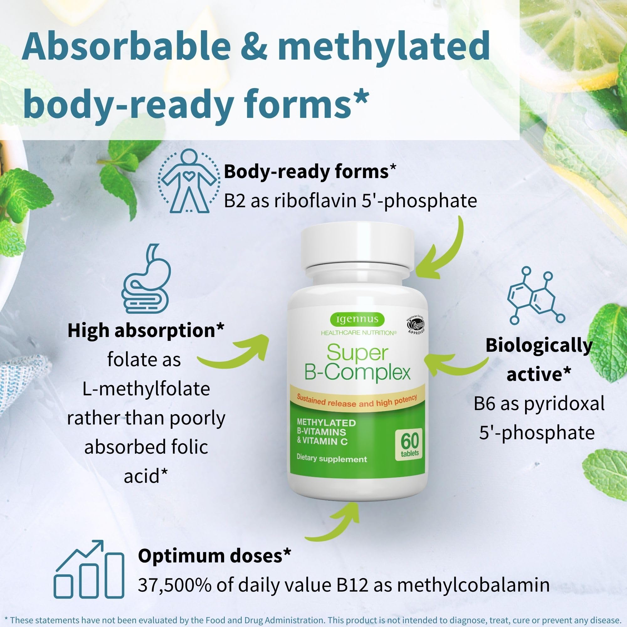 Igennus Super B-Complex – Methylated B Vitamins (MTHFR) | 60 Small Tablets | Vegan