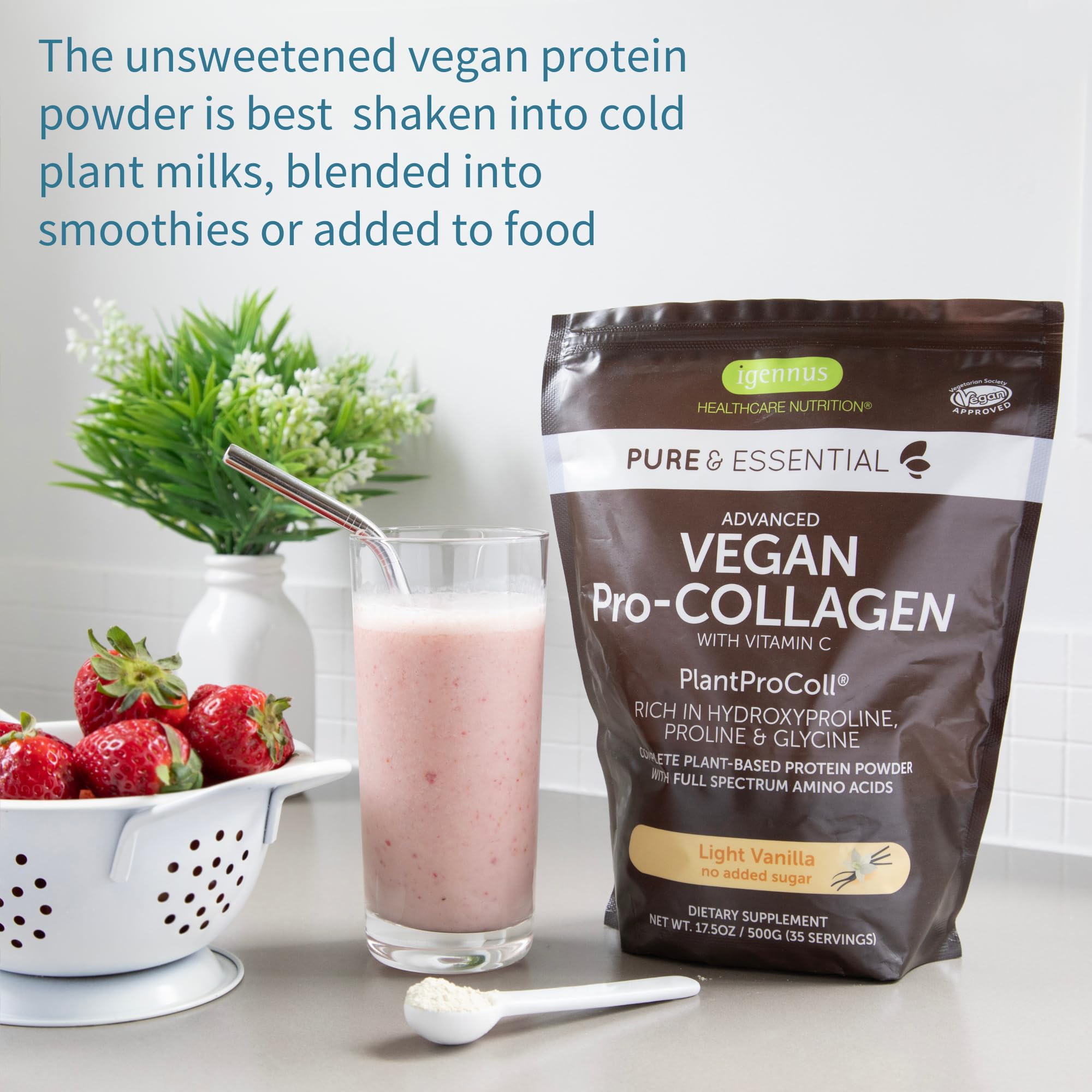 Igennus Vegan Vanilla Collagen Peptide Powder | Plant-Based & Vitamin C, 35 Servings