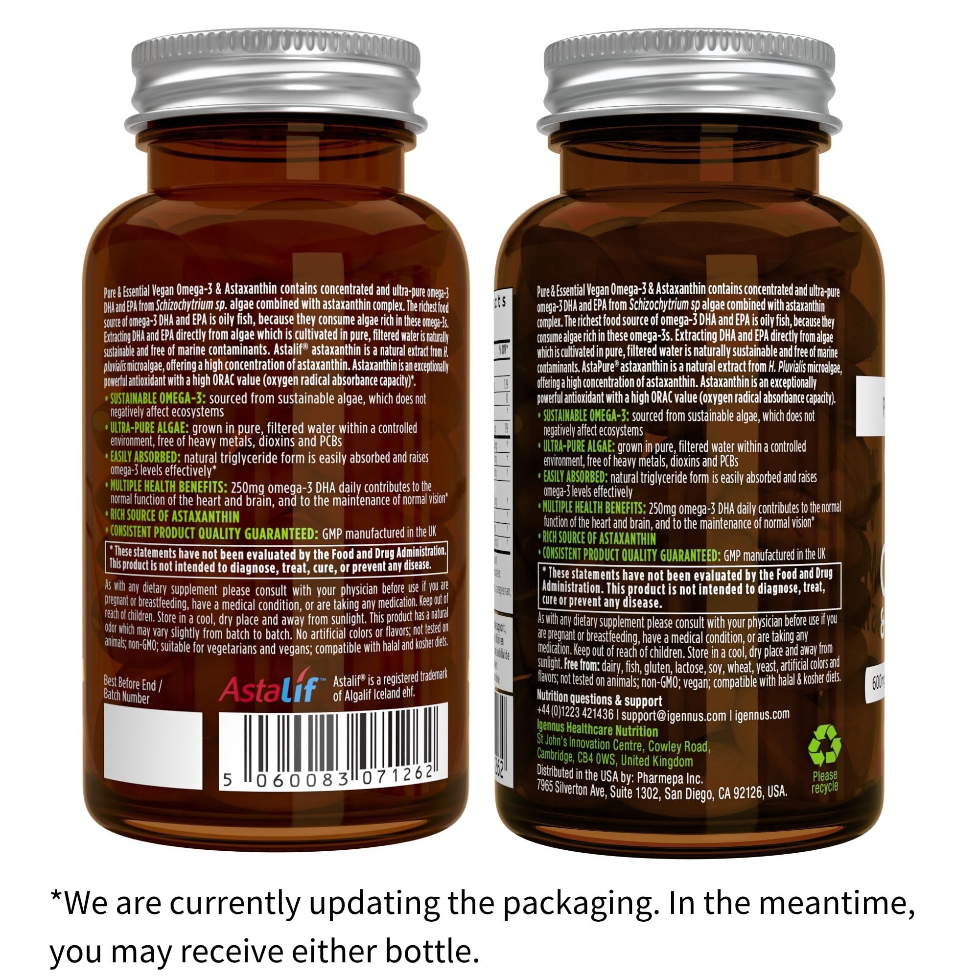 Igennus Vegan Omega-3 Algae Oil – DHA 400mg, EPA 200mg per Serving | 60 Softgels