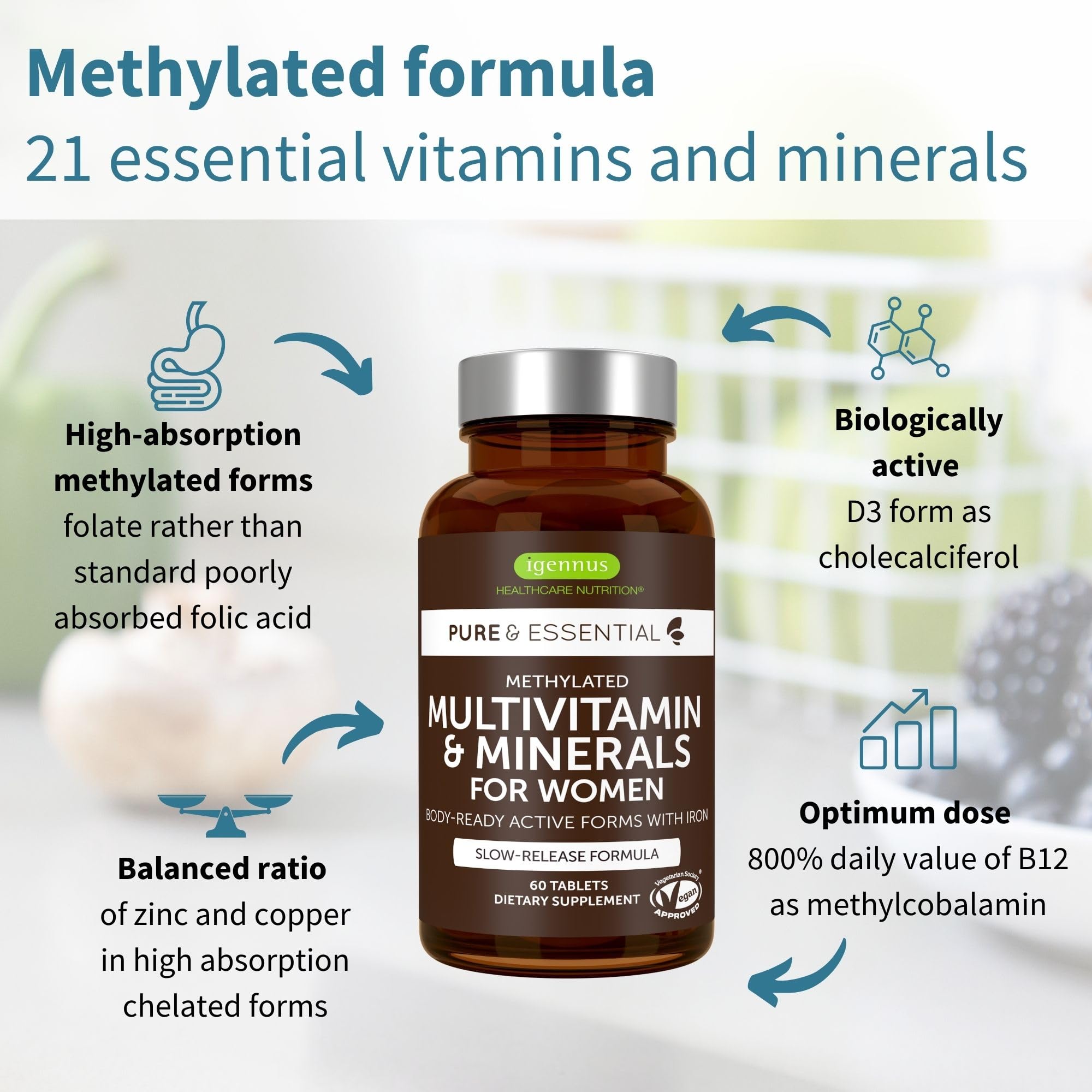 Igennus Methylated Multivitamin for Women – MTHFR, Active B-Vitamins, K2 MK7 (60 tabs)