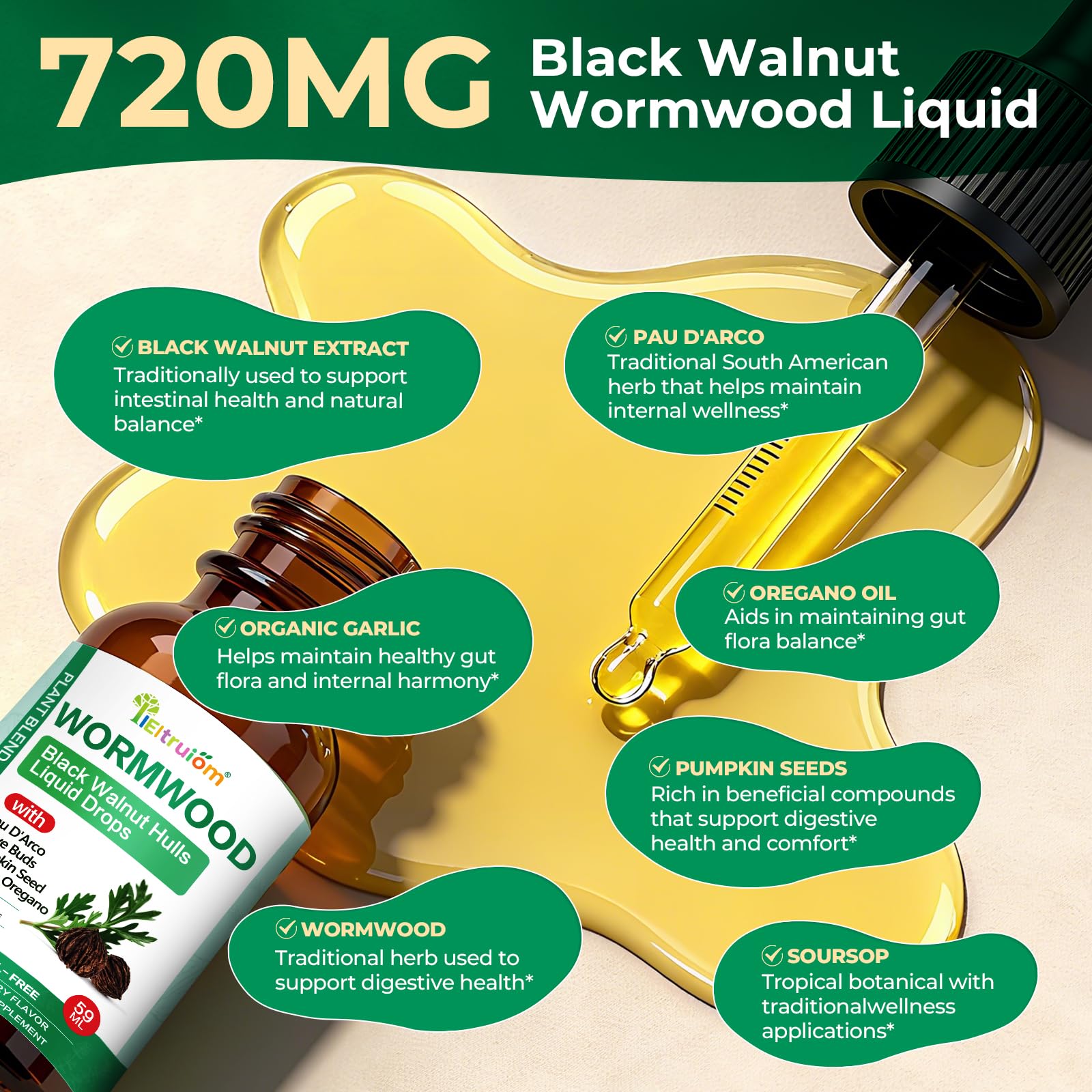 IIEltruiom Liposomal Black Walnut Wormwood Tincture - Alcohol-Free Gut Health (2 fl oz)