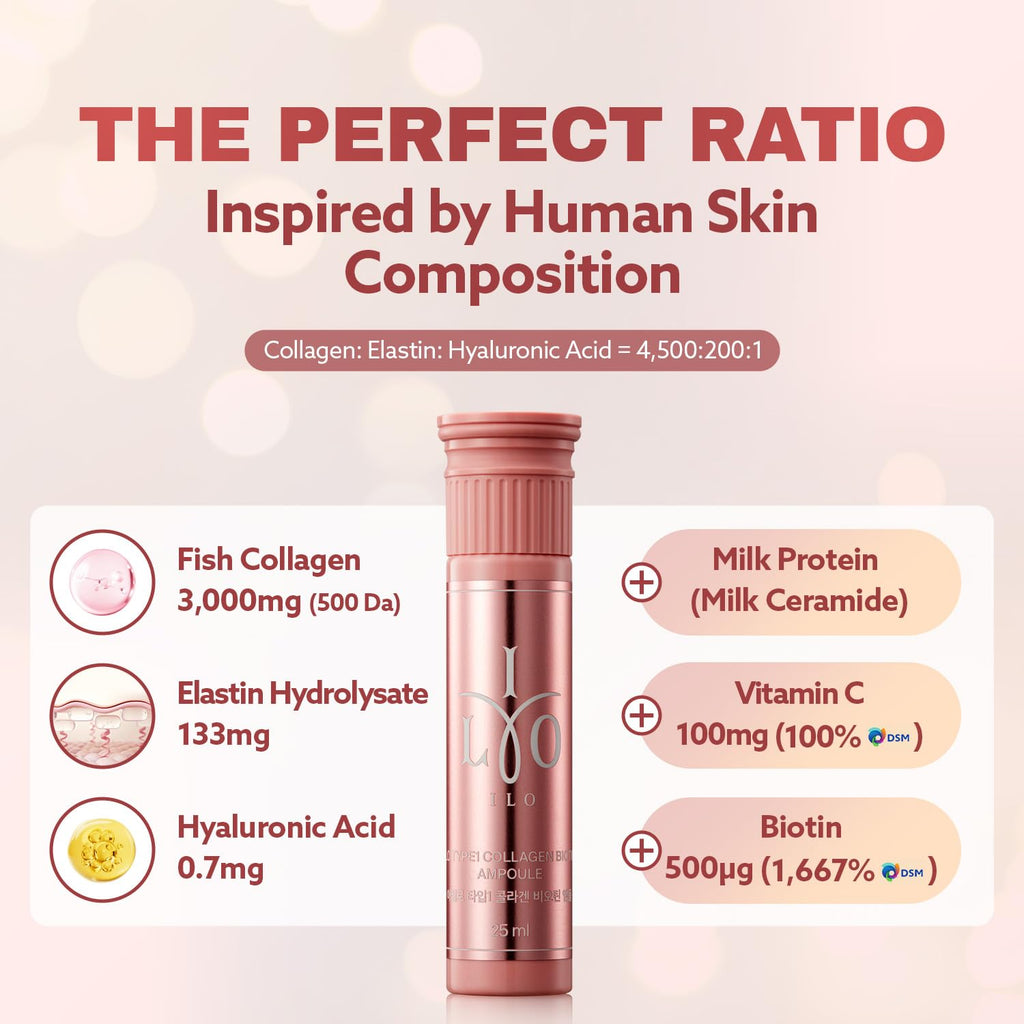 ILO Liquid Collagen Drink – 3,000mg Type 1 Marine Collagen with Biotin & Milk Ceramide | Skin Glow & Hydration | Orange Flavor | 8 Bottles