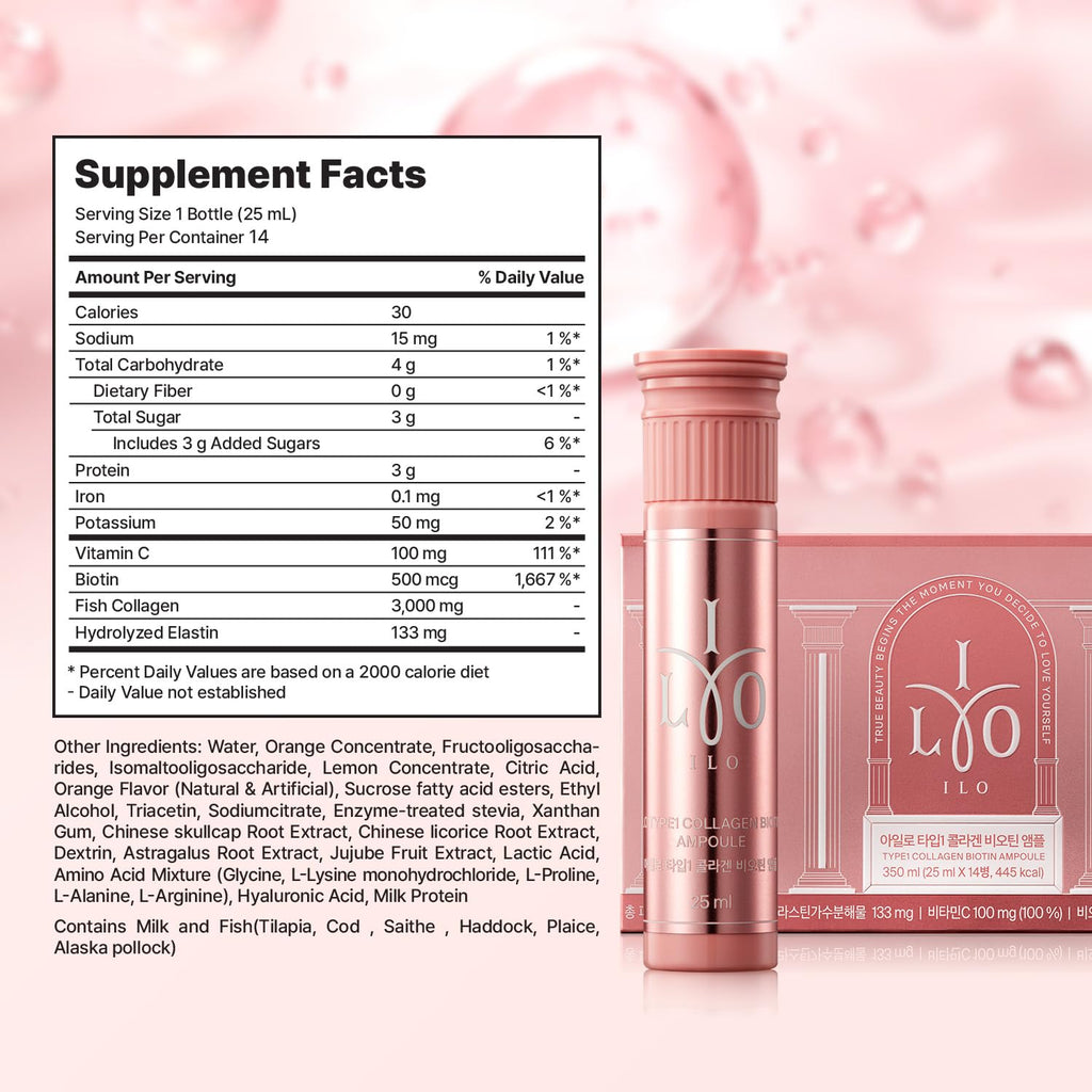 ILO Type 1 Liquid Collagen Drink – 3,000mg Marine Collagen, Biotin & Ceramide | Orange Flavor