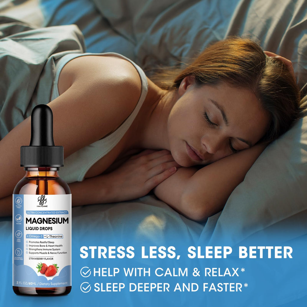 iMATCHME Magnesium Glycinate Liquid Drop with Omega-3, L-Theanine, D3, B6, B12 | Calm Sleep & Energy (Sugar-Free Strawberry Flavor)
