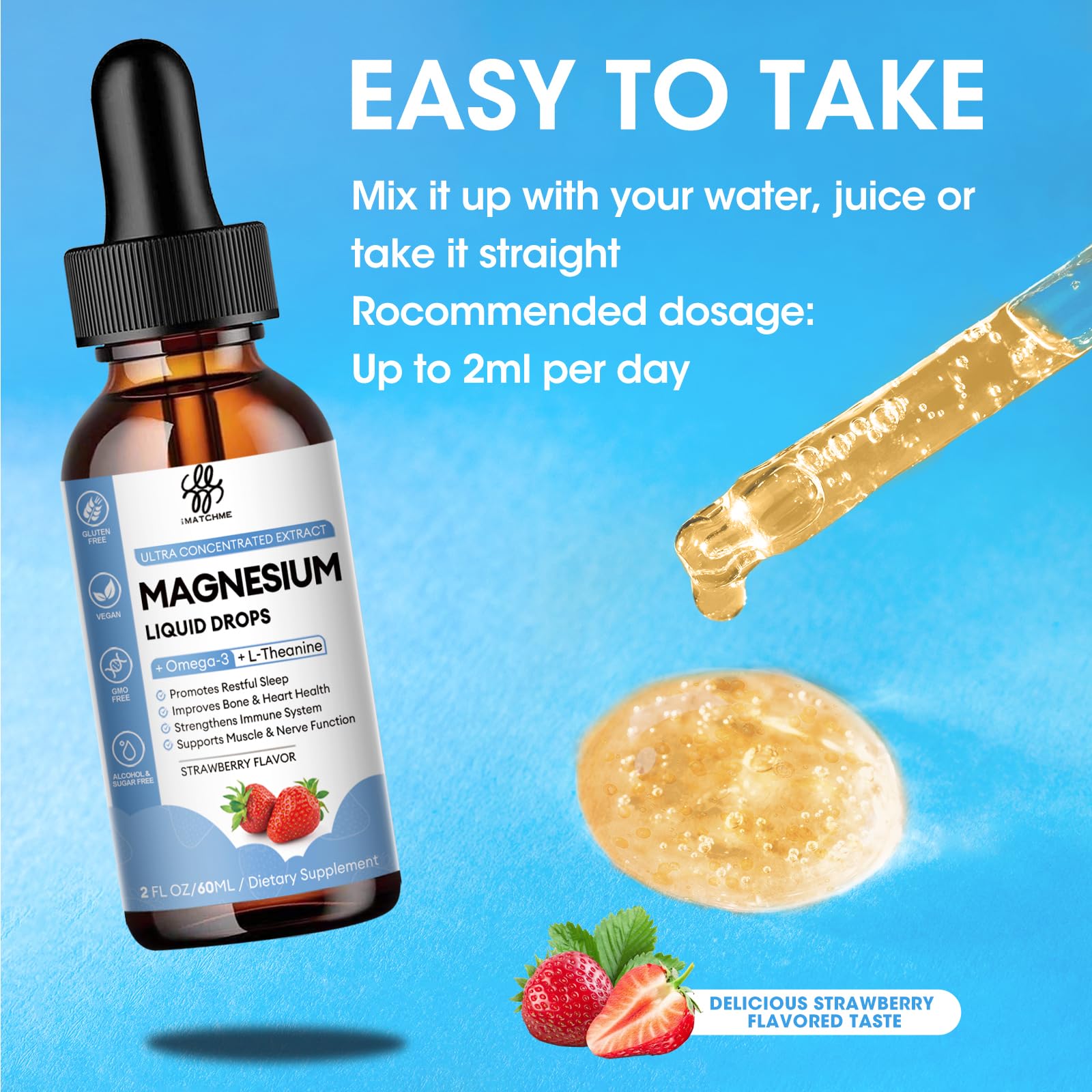 iMATCHME Magnesium Glycinate Liquid Drop with Omega-3, L-Theanine, D3, B6, B12 | Calm Sleep & Energy (Sugar-Free Strawberry Flavor)