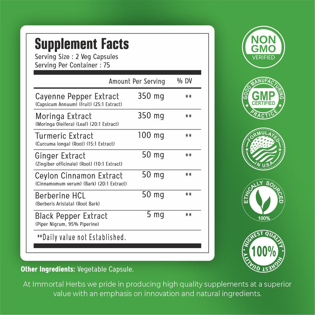 Immortal Herbs Cayenne Pepper Moringa Turmeric Ginger Capsules – 150 Pills
