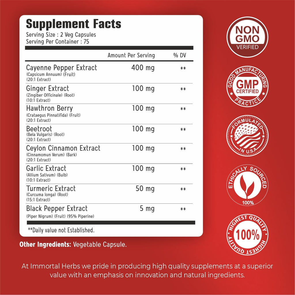 Immortal Herbs Cayenne Pepper Capsules with Garlic, Ginger & Turmeric – 150 Caps, Non-GMO & Gluten Free