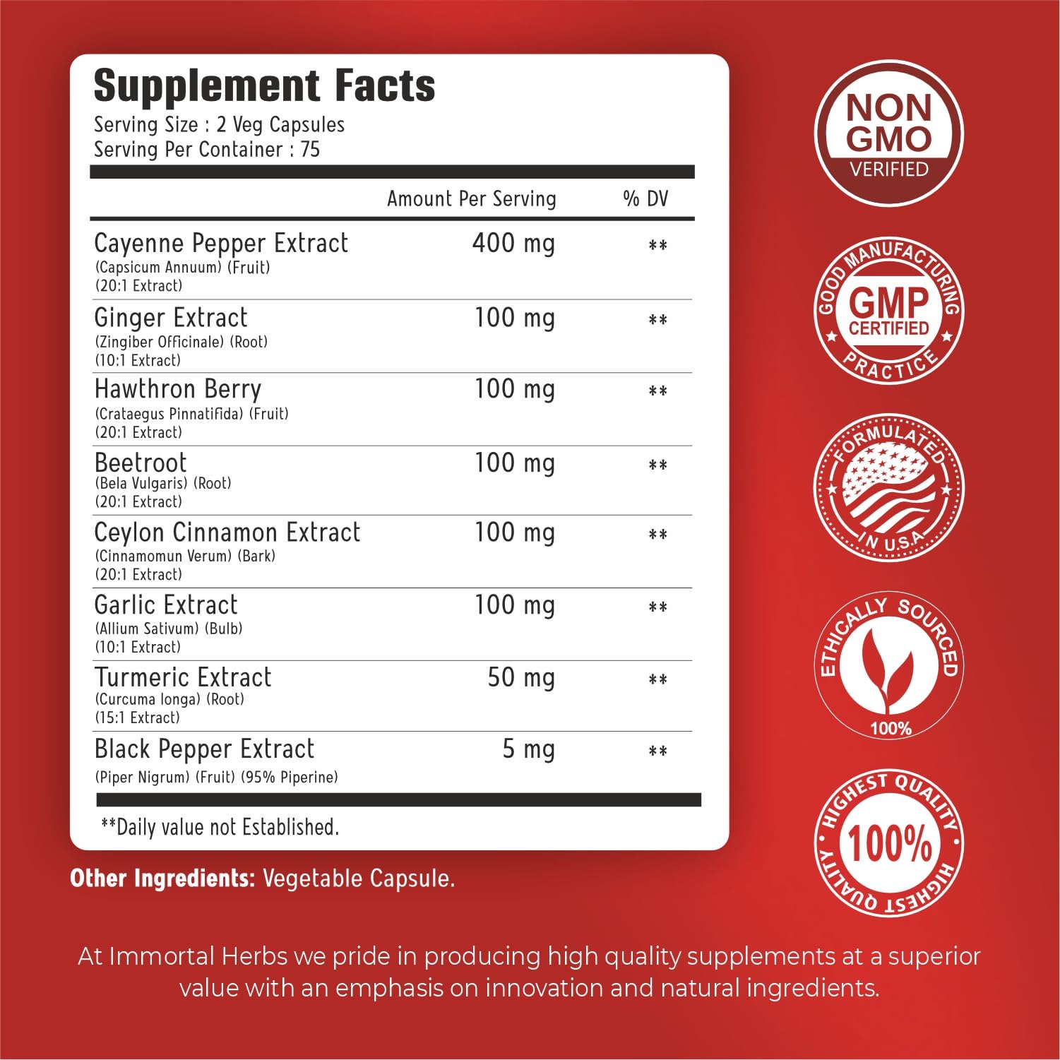 Immortal Herbs Cayenne Pepper Capsules with Garlic, Ginger & Turmeric – 150 Caps, Non-GMO & Gluten Free