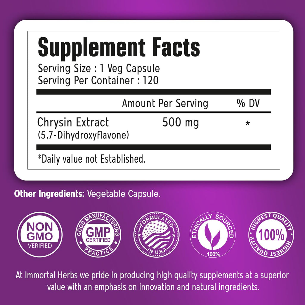 Immortal Herbs Chrysin 500mg – 120 Vegan Capsules | Non-GMO & Gluten-Free