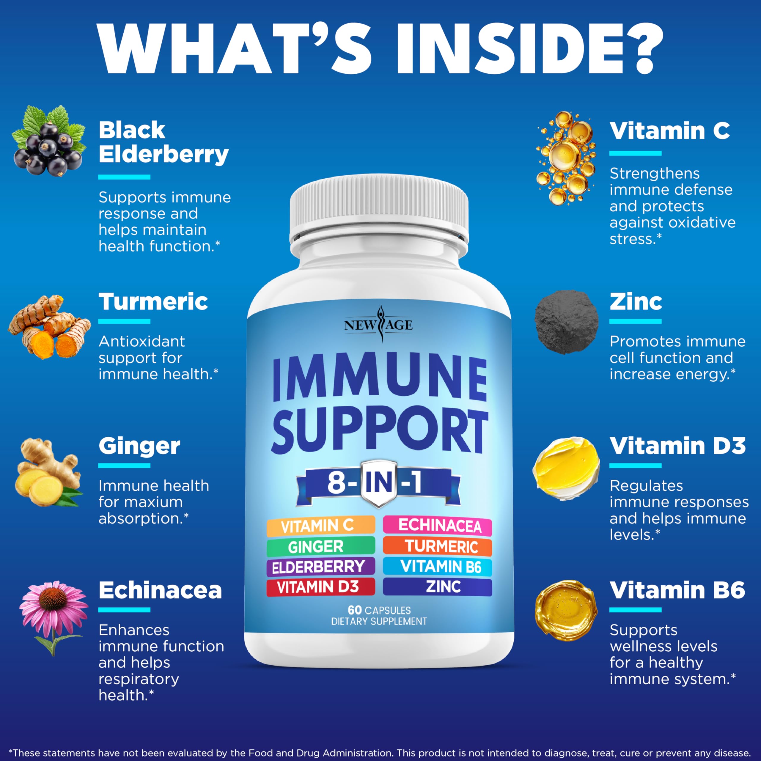 NEW AGE 8-in-1 Immune Support Capsules – Vitamin C, D3, Zinc, Elderberry (Pack of 5)
