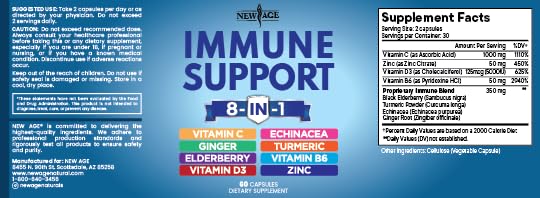 NEW AGE 8-in-1 Immune Support Capsules – Vitamin C, D3, Zinc, Elderberry (Pack of 5)