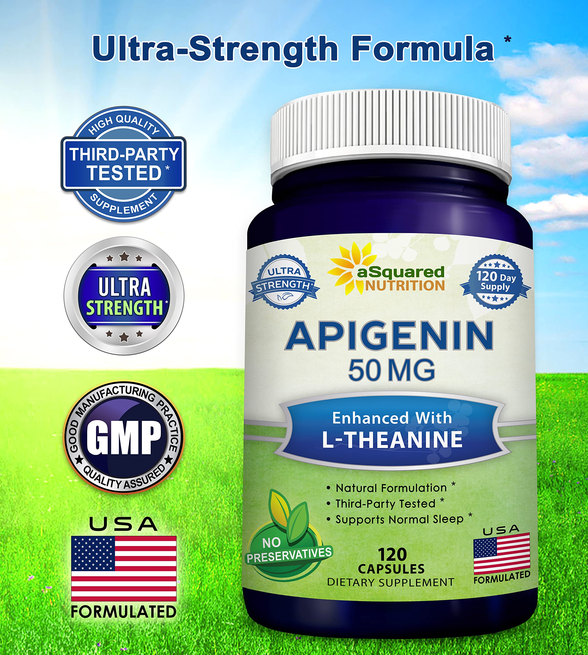 aSquared Nutrition Apigenin 50mg & L-Theanine 200mg – 120 Capsules for Sleep & Relaxation