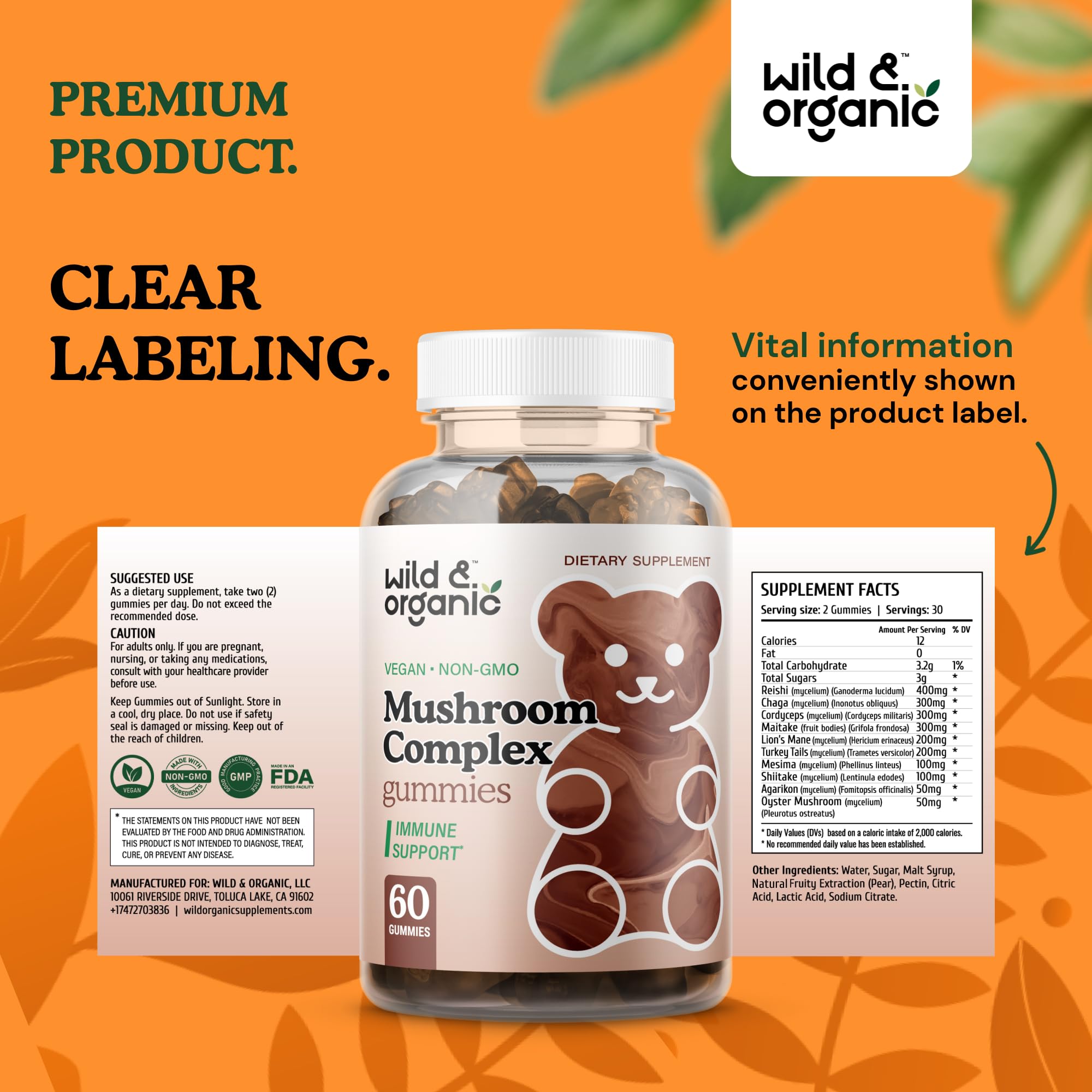Wild & Organic Mushroom Gummies - 10-in-1 Complex | Immune & Brain Support – 60 Count