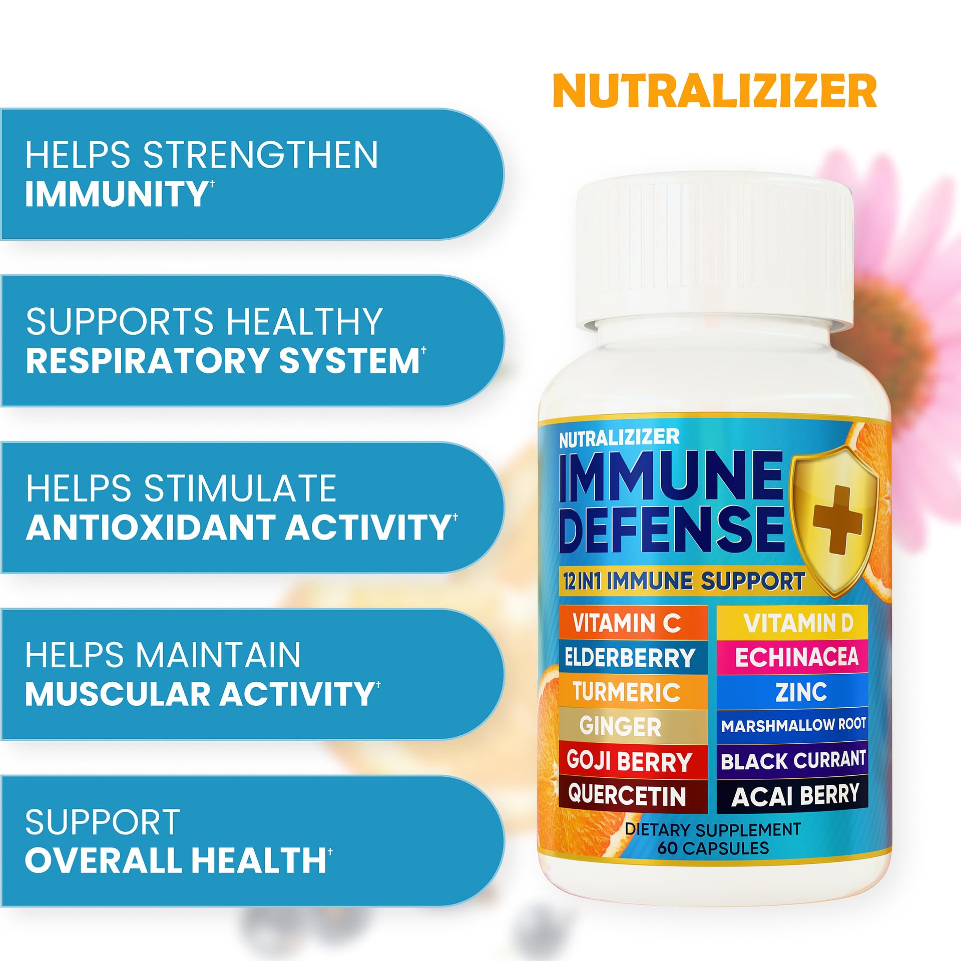 12-in-1 Premium Immune Defense Vitamins – Immune Support with D3 5000 IU, C 1000 mg, Zinc 50 mg | 120 Caps