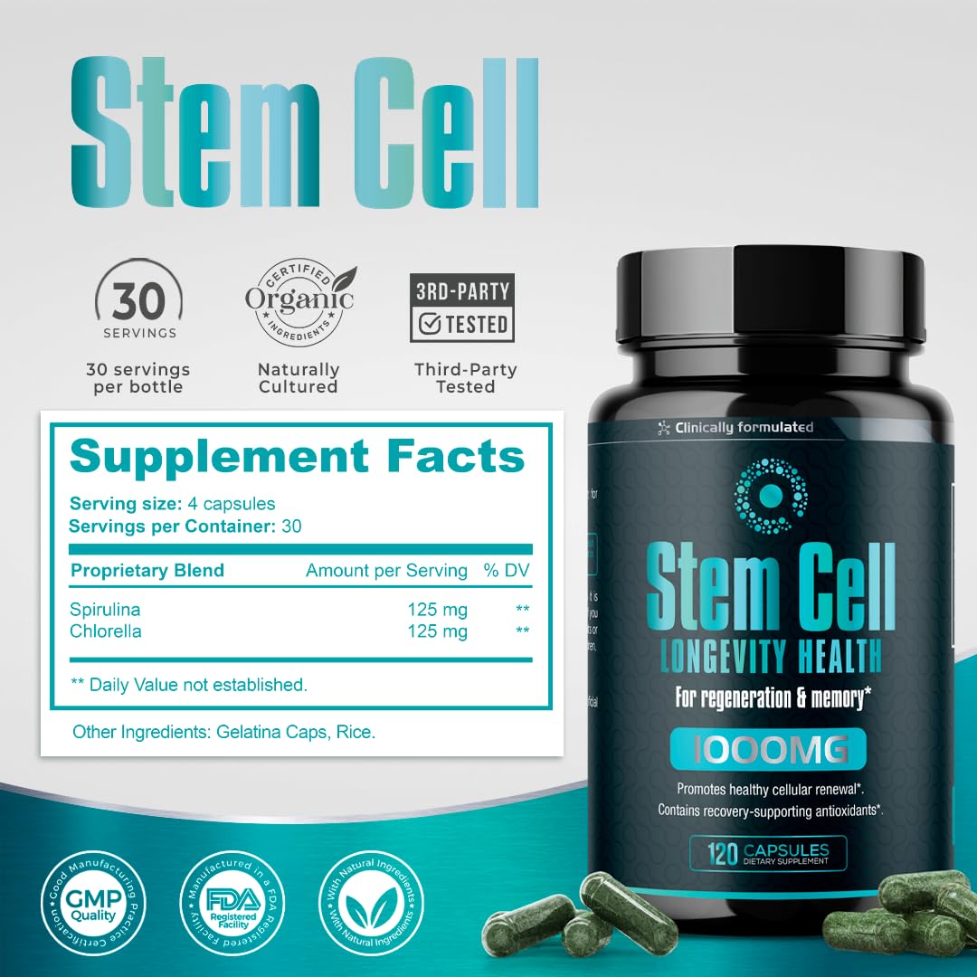 Premium Stem Cell Supplements 1,000mg (240 Caps) – Boost Immunity, Reduce Joint Soreness, Anti-Aging & Longevity with Spirulina & Chlorella