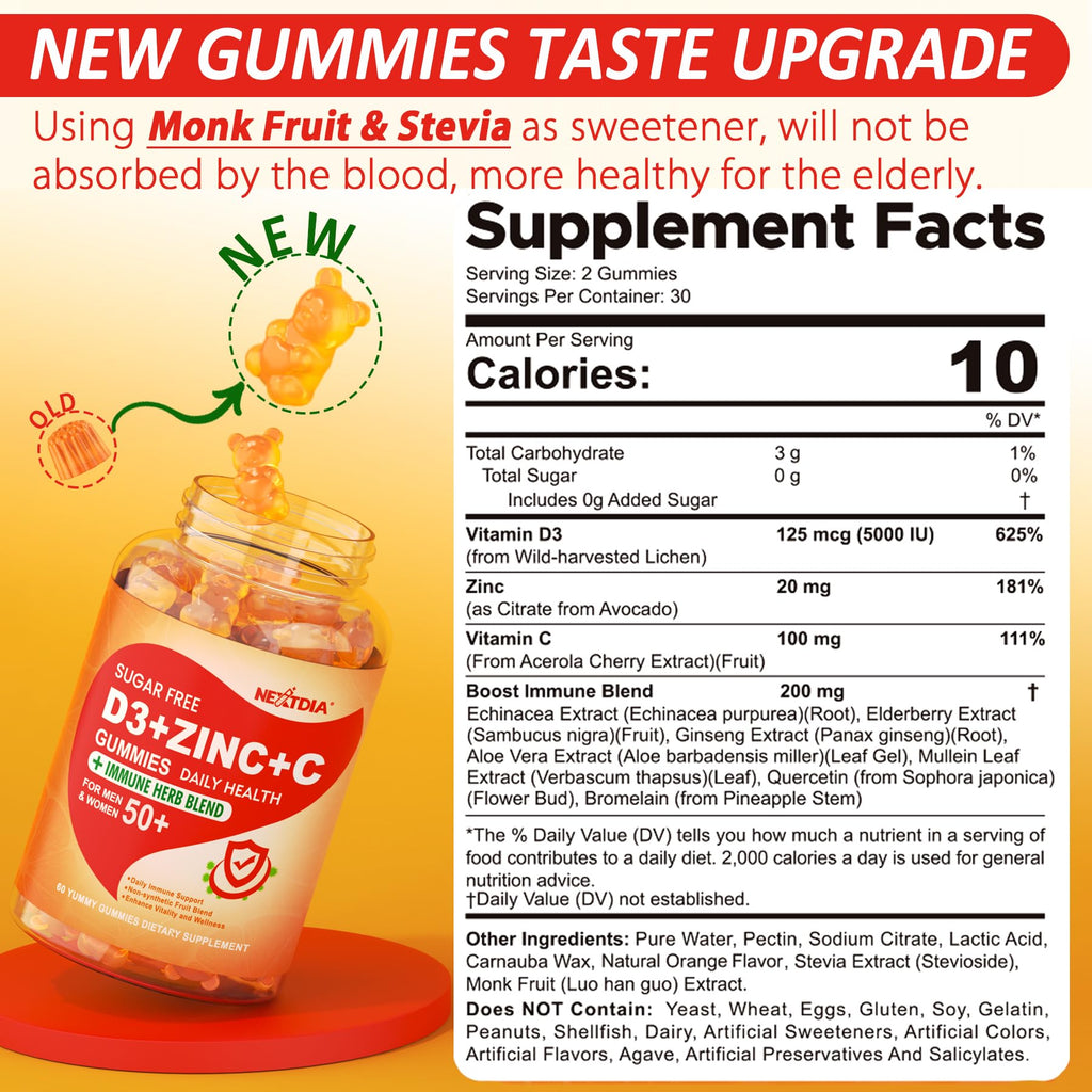 Sugar Free Vitamin C + D3 + Zinc Gummies for Adults 50+ | 9-in-1 Immune Defense (Vegan, Pack of 2)