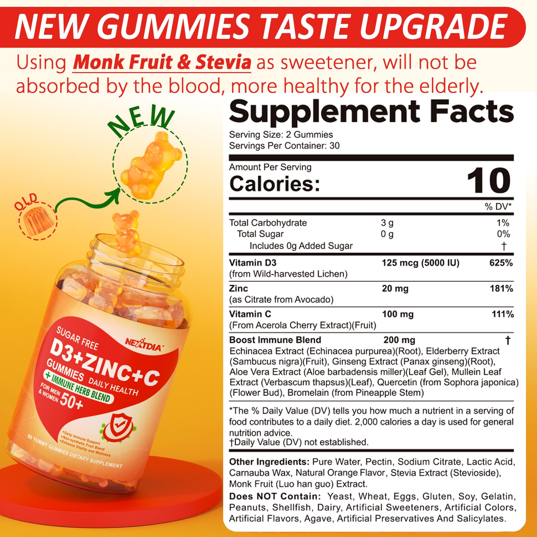 Sugar Free Vitamin C + D3 + Zinc Gummies for Adults 50+ | 9-in-1 Immune Defense (Vegan, Pack of 2)