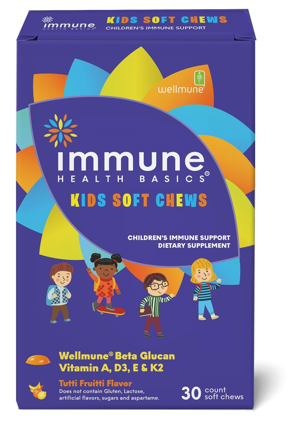 Immune Health Basics Kids Soft Chews with Wellmune® | Natural Beta Glucan Supplement for Immune Support & Daily Wellness | Allergen-Free & No Added Sugar | Tutti-Frutti Flavor, 30 Soft Chews