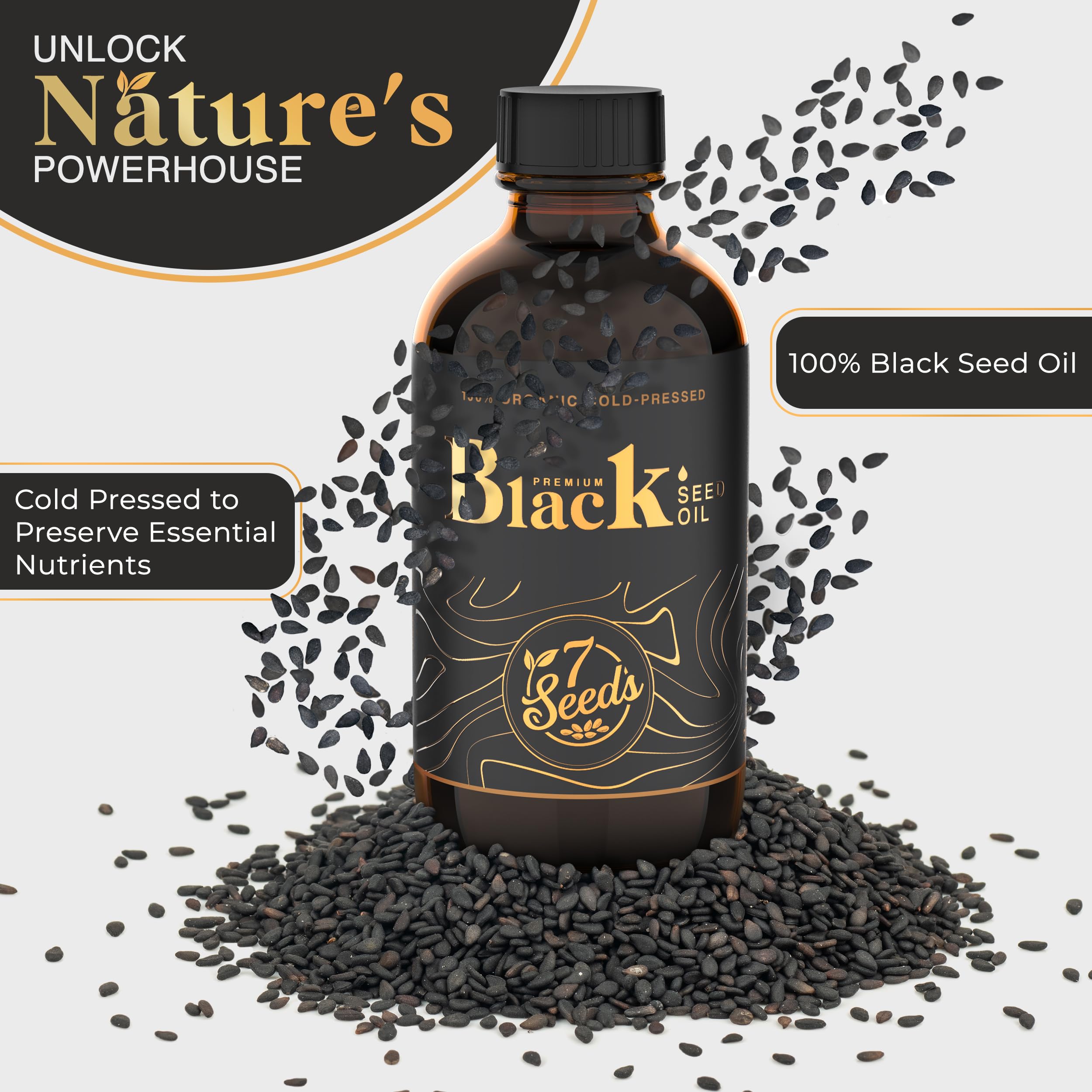 7 Seeds Cold Pressed Black Seed Oil - 240 ml Cold Pressed Nigella Sativa Liquid for Immune Support, Inflamation Support, Digestion, Hair & Skin (8 Fl Oz)
