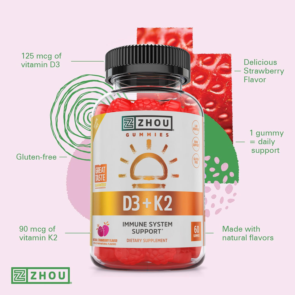 Zhou D3+K2 Gummies – Vitamin D3 & K2 for Immune, Bone & Heart Health | Gelatin-Free, 60 Veggie Gummies (5000 IU D3 + MK-7)