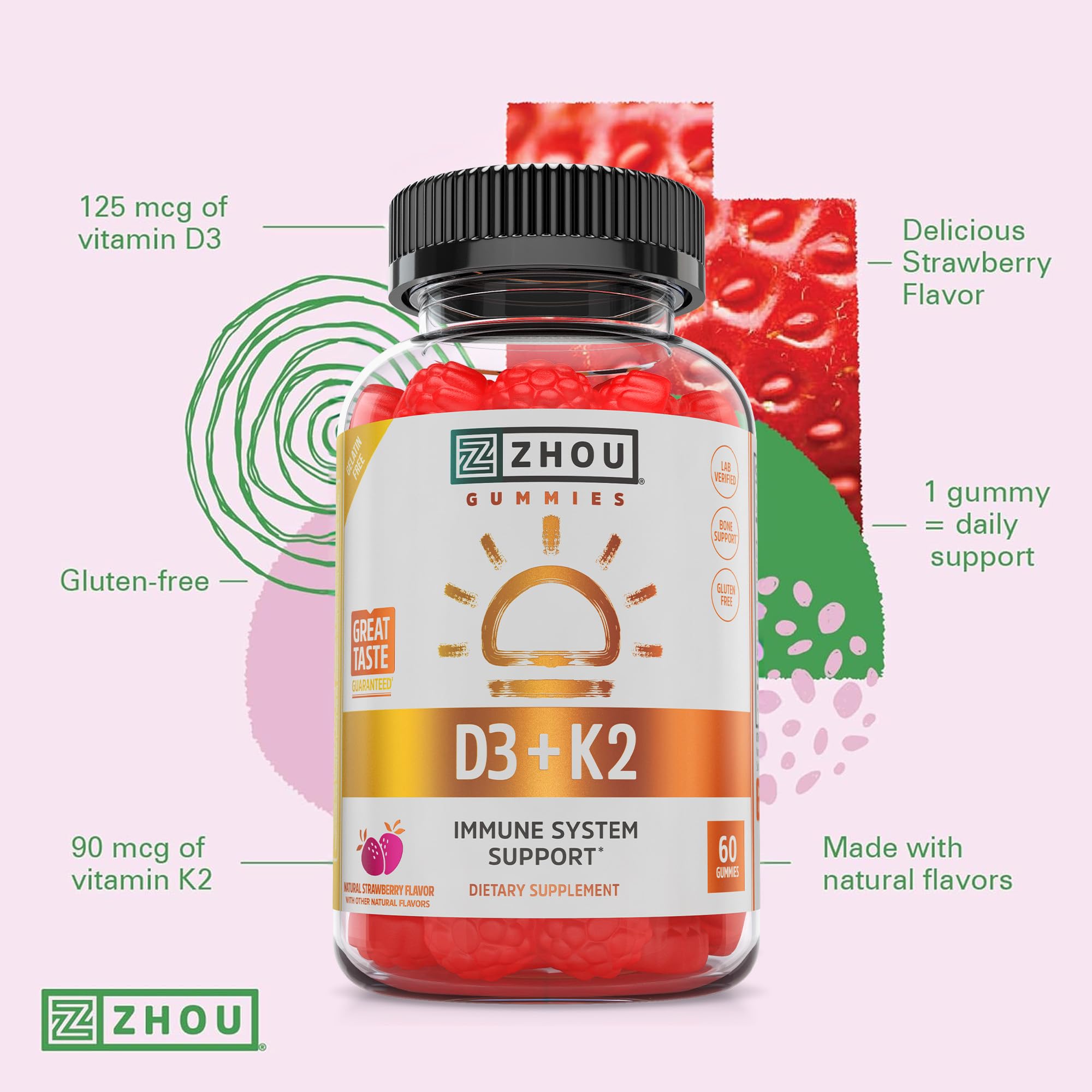 Zhou D3+K2 Gummies – Vitamin D3 & K2 for Immune, Bone & Heart Health | Gelatin-Free, 60 Veggie Gummies (5000 IU D3 + MK-7)