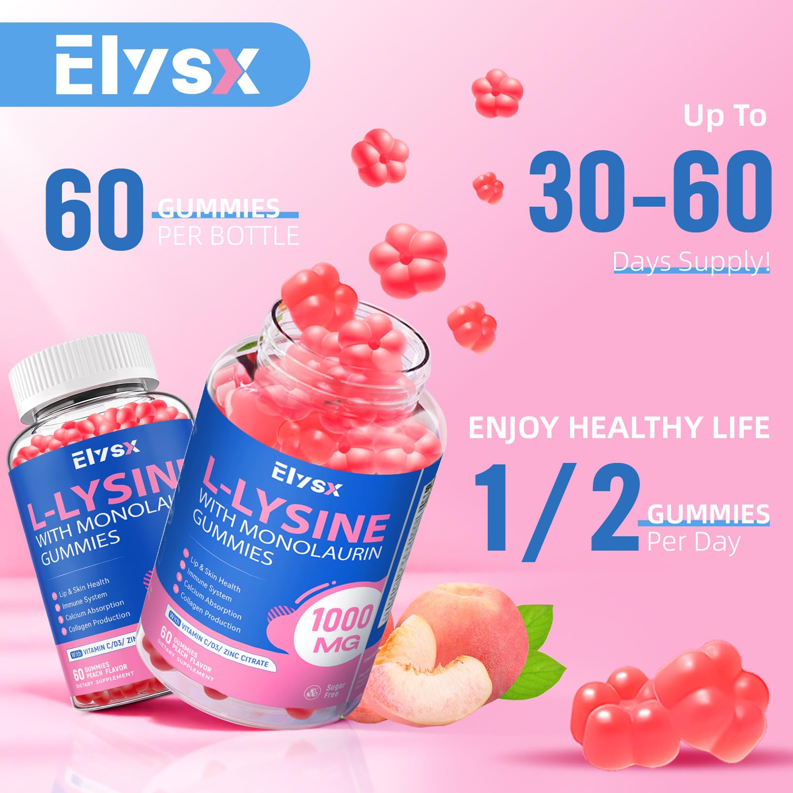L-Lysine Gummies 1000mg with Monolaurin – Sugar-Free Peach Immune Support (60 Count)