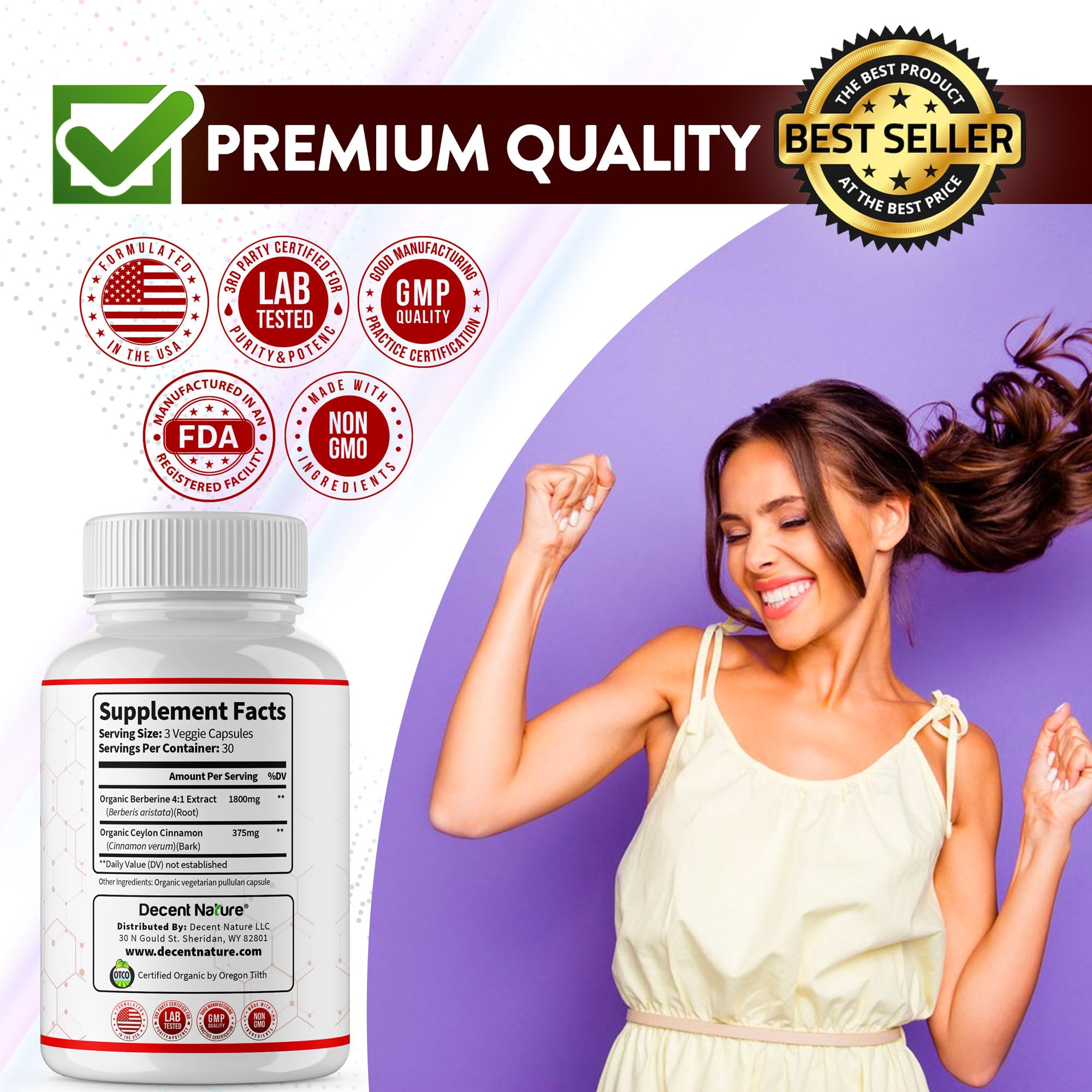 Organic Berberine with Ceylon Cinnamon 2175mg - 90 Capsules | USDA Organic