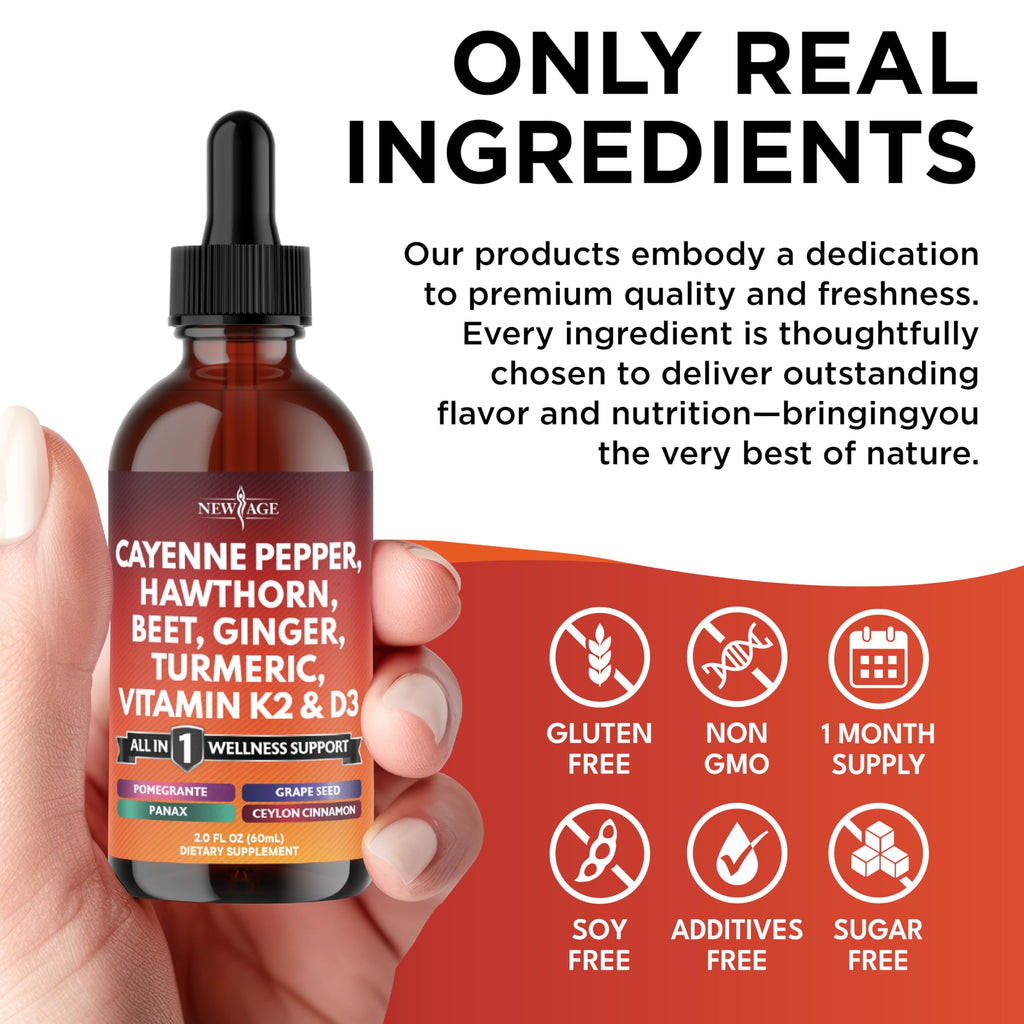 Cayenne Pepper Liquid Drops with Hawthorn Berry, Vitamin D3 K2 – 6oz