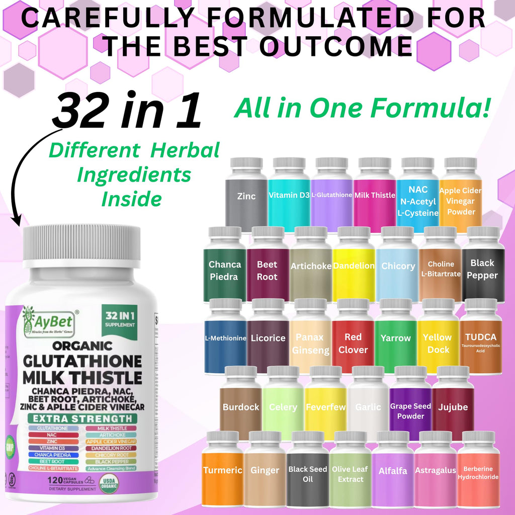 Glutathione NAC Milk Thistle Supplement | Liver Health Support | 32-in-1 Herbal Antioxidant Formula | Halal Vegan Organic Daily Wellness
