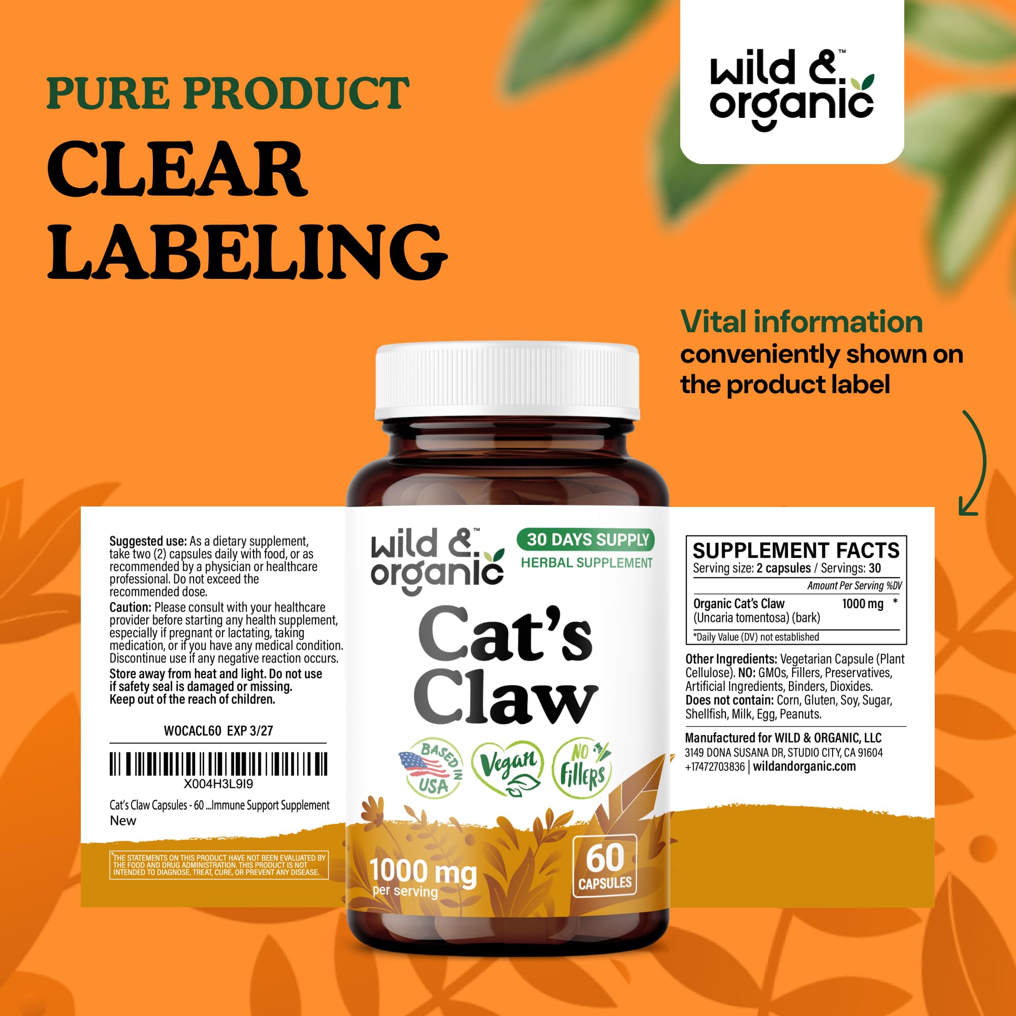 Wild & Organic Cat's Claw 1000 mg - Immune Support | Vegan, Non-GMO | 60 Count