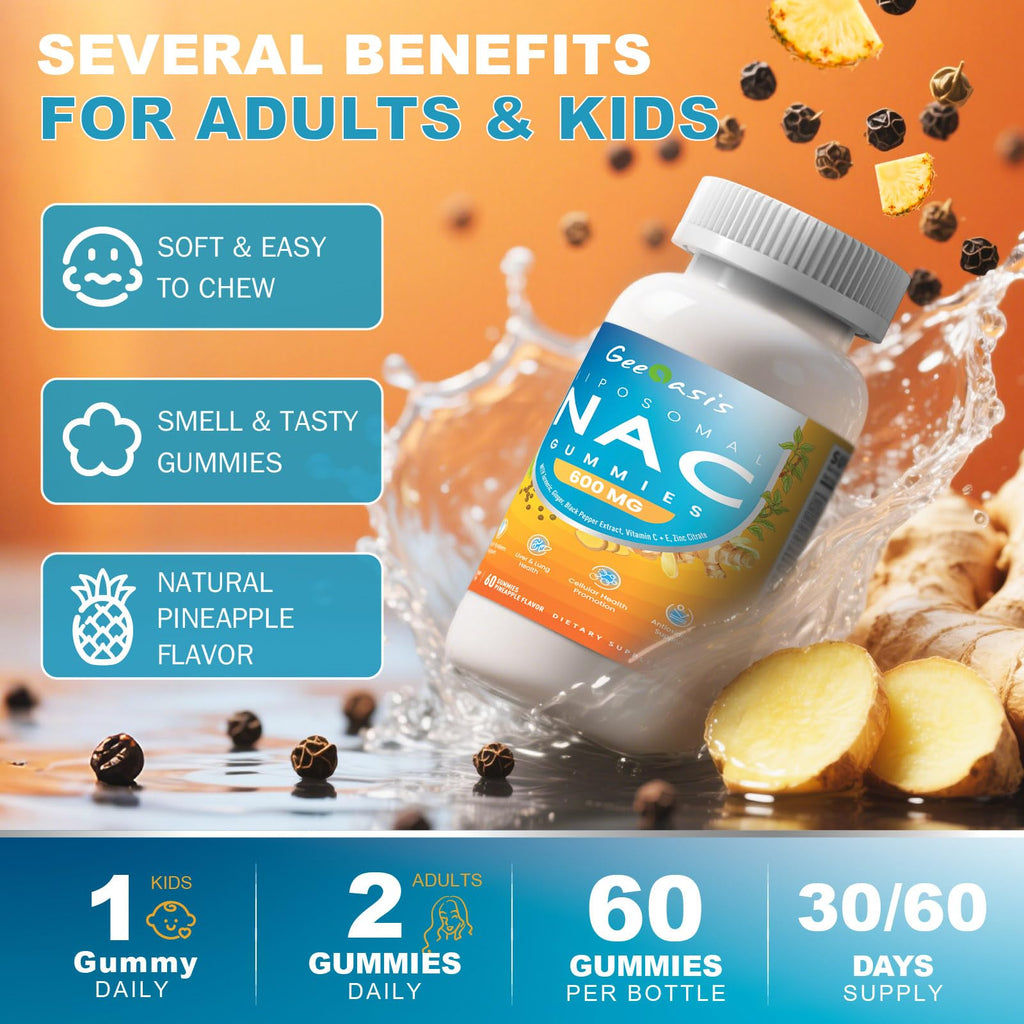 Liposomal NAC Gummies 600mg | NAC Supplement for Immunity, Liver & Lung Health | Sugar-Free Pineapple, 60 Count