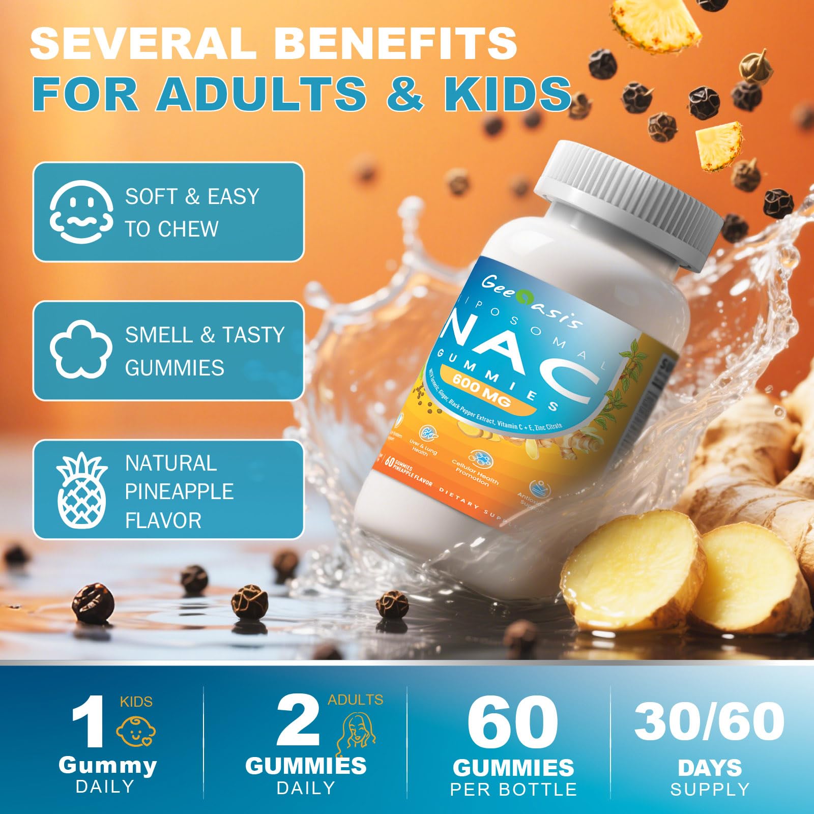 Liposomal NAC Gummies 600mg | NAC Supplement for Immunity, Liver & Lung Health | Sugar-Free Pineapple, 60 Count