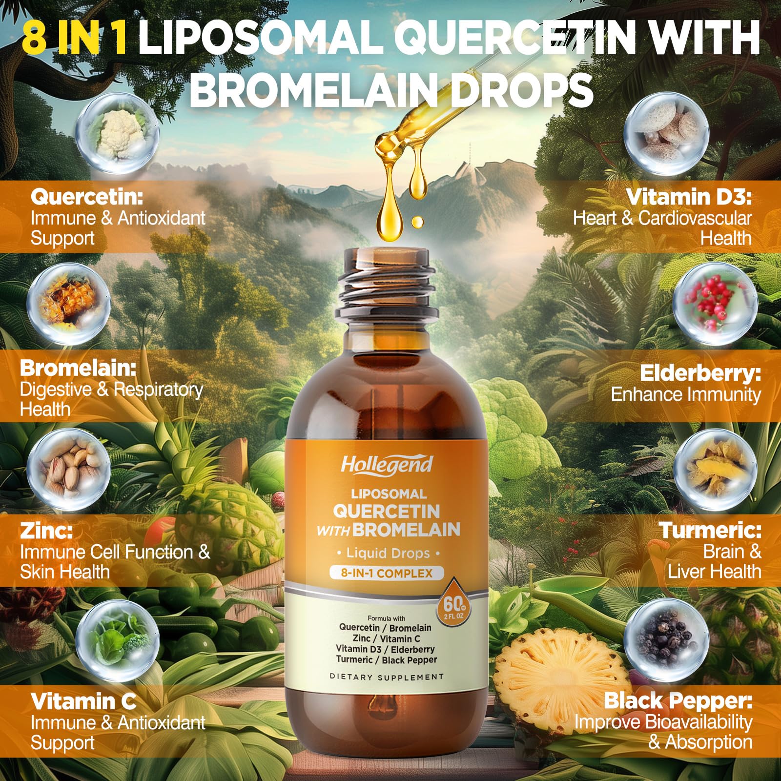 Liposomal Quercetin with Bromelain Liquid Drops – 8-in-1 Organic Immune Support (2 oz)