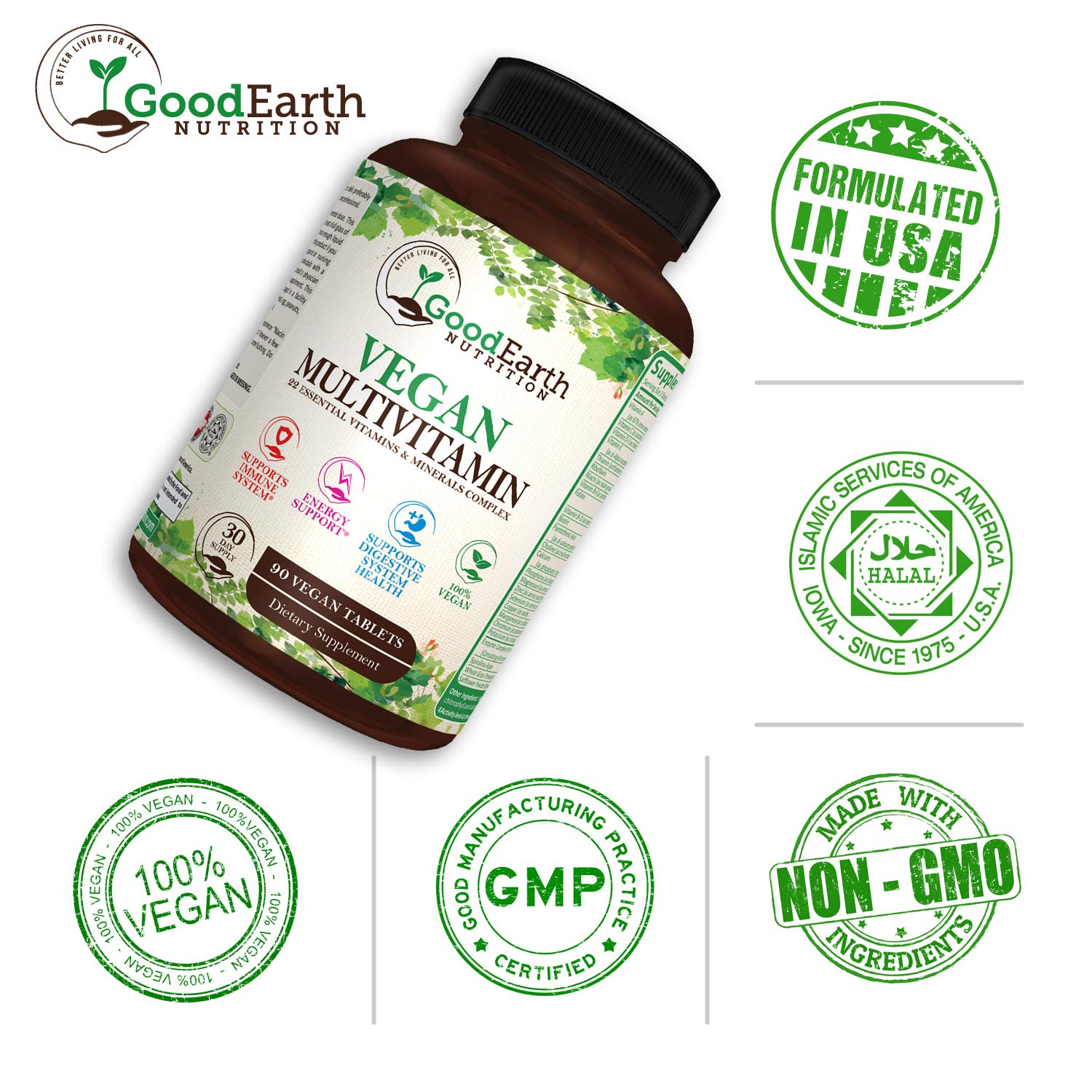Vegan Multivitamins for Men & Women – Daily Multivitamin with A, B, C, D3 & Zinc