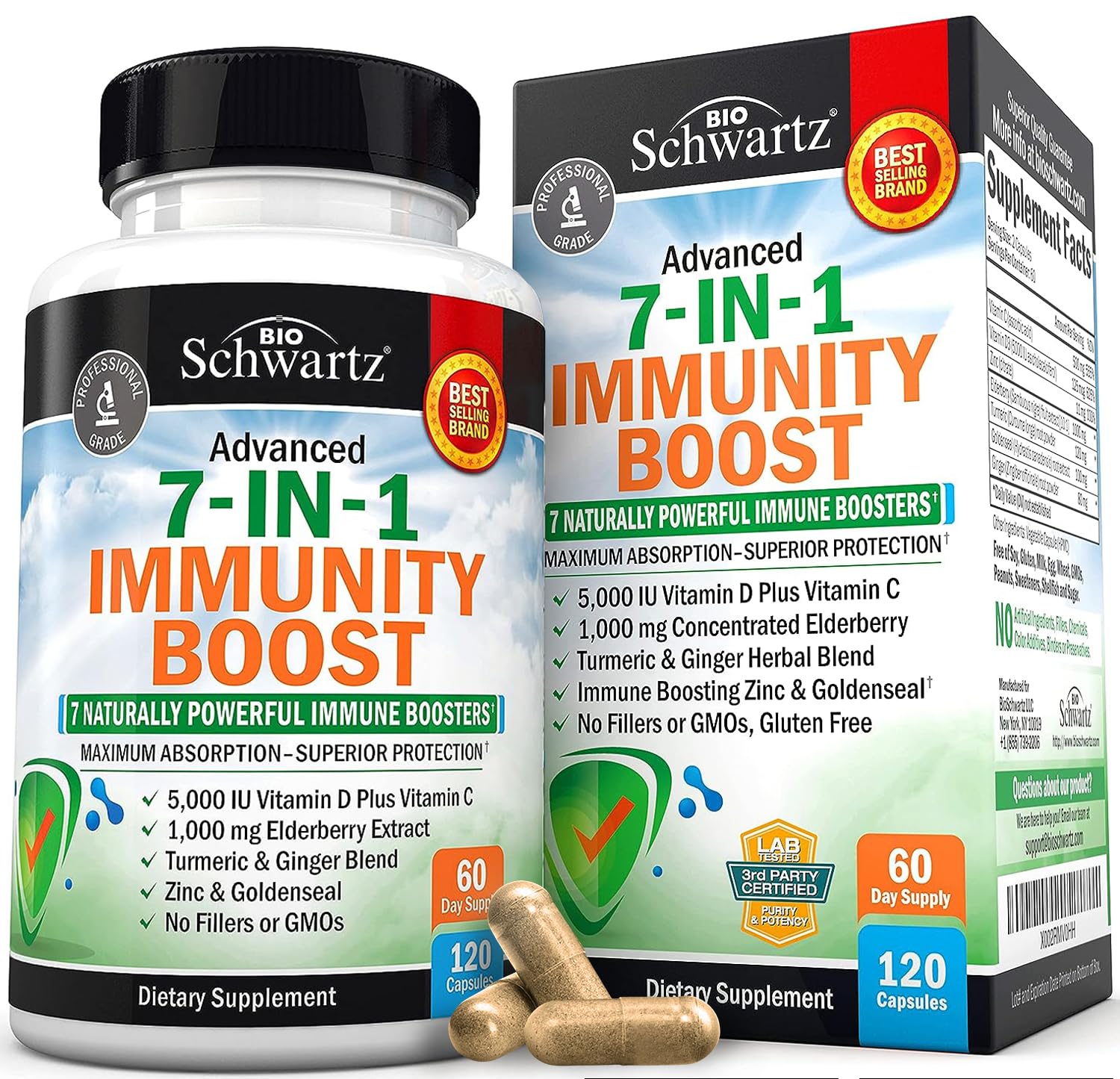 Immune Support Supplement with Zinc, Vitamin C, Vitamin D 5000 IU, Elderberry, Ginger, D3 & Goldenseal – Dr Approved Immunity Vitamins for Adults (120ct)