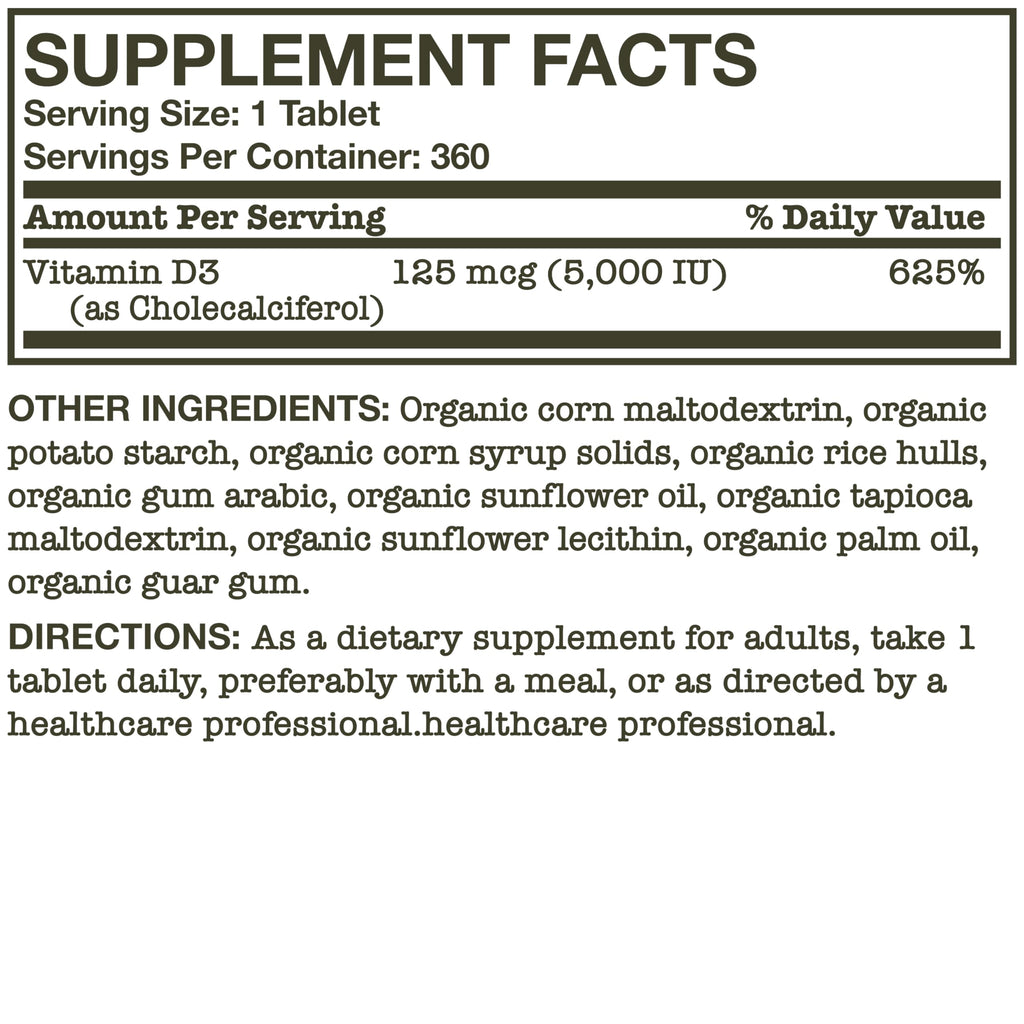 Futurebiotics Vitamin D3 5,000 IU (125 mcg) – USDA Organic, 360 Tablets