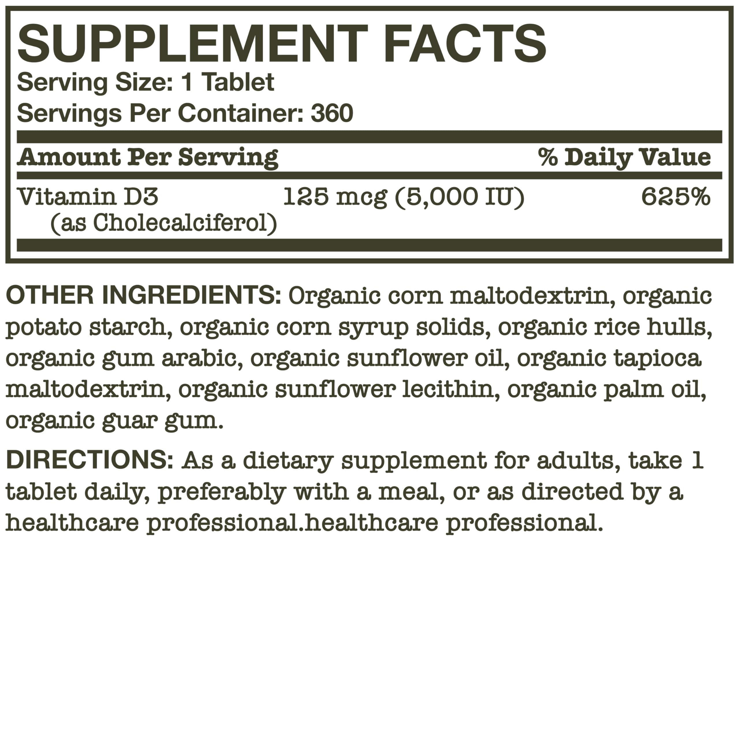 Futurebiotics Vitamin D3 5,000 IU (125 mcg) – USDA Organic, 360 Tablets