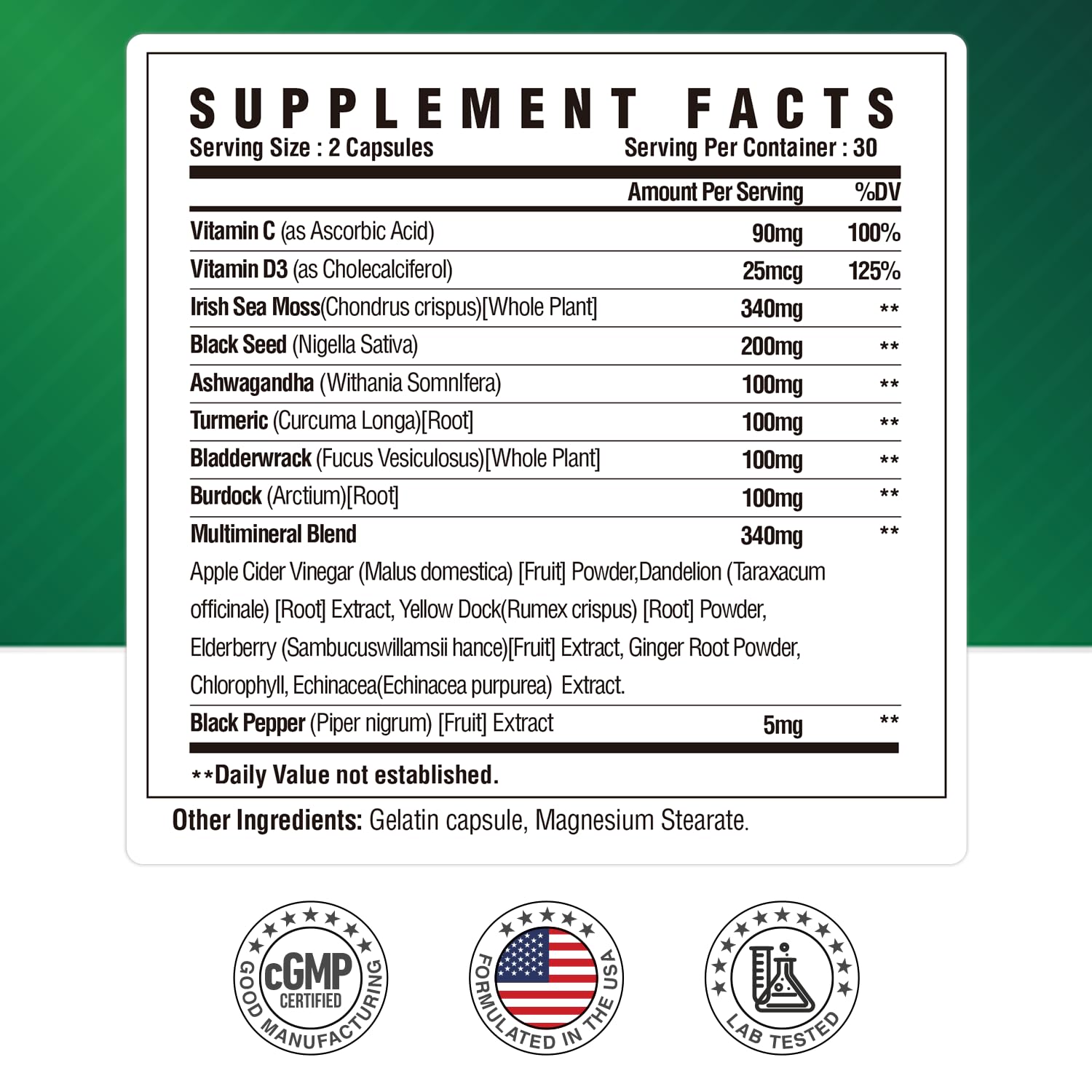Irish Sea Moss Capsules with Black Seed Oil, Ashwagandha & Ginger – 16-in-1 Immune, Joint & Gut Support (60 Capsules)