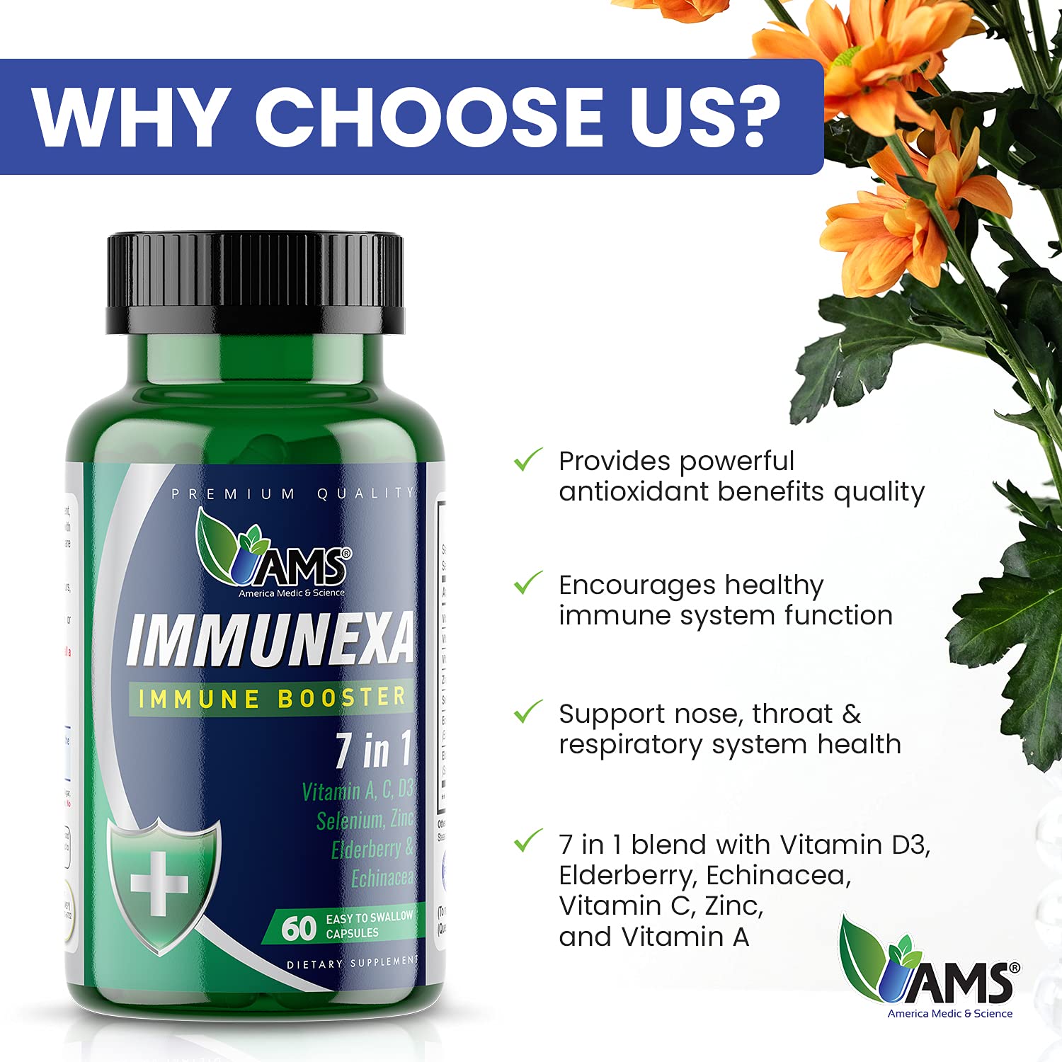 America Medic & Science Immunexa 7 in 1 Immune Support Booster (60 Capsules) – Vitamin A, C, D3, Zinc, Elderberry, Echinacea, Selenium | Gluten-Free, Non-GMO