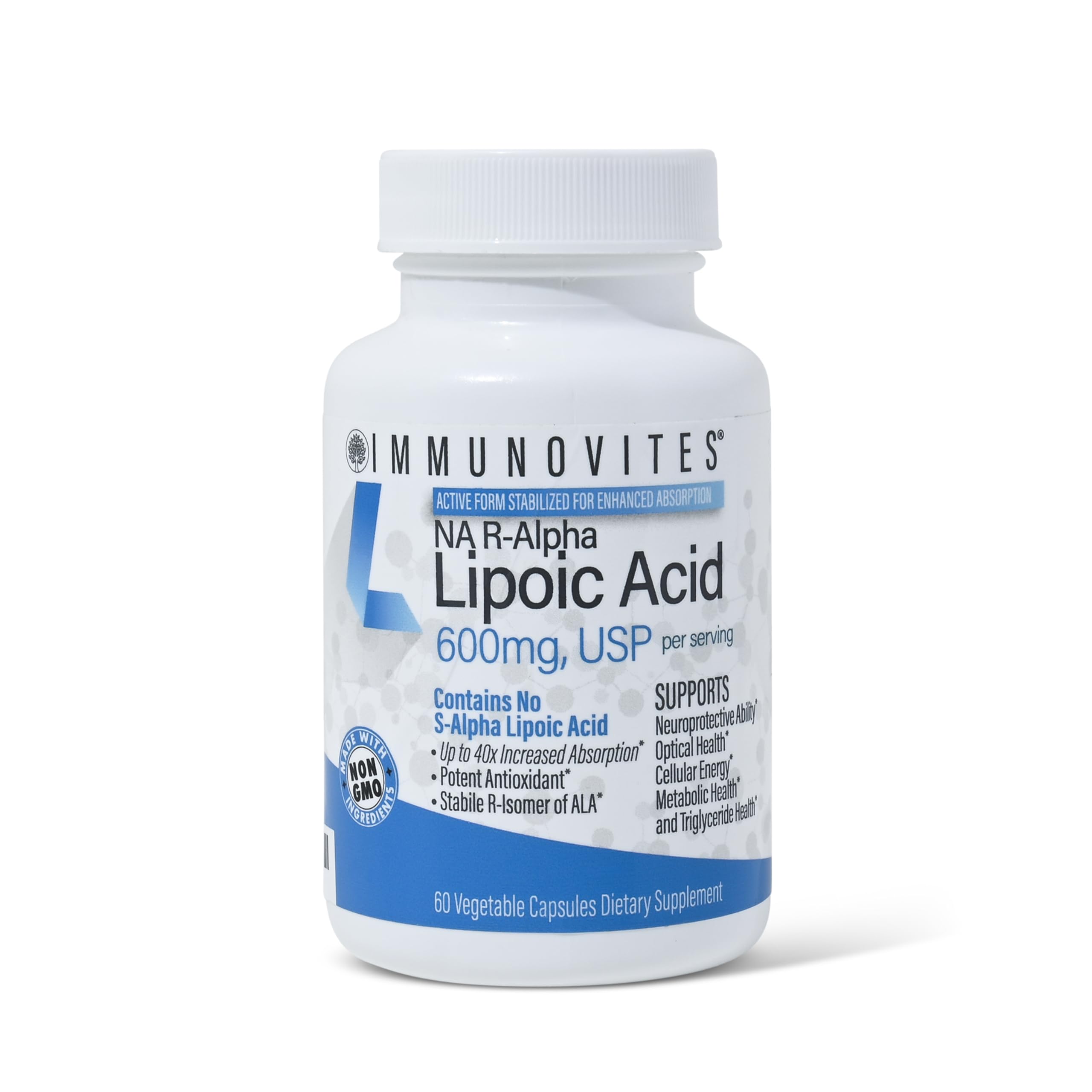 IMMUNOVITES Stabilized R-Alpha Lipoic Acid 600mg | Na R-ALA, High Potency