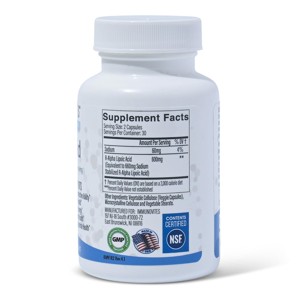 IMMUNOVITES Stabilized R-Alpha Lipoic Acid 600mg | Na R-ALA, High Potency