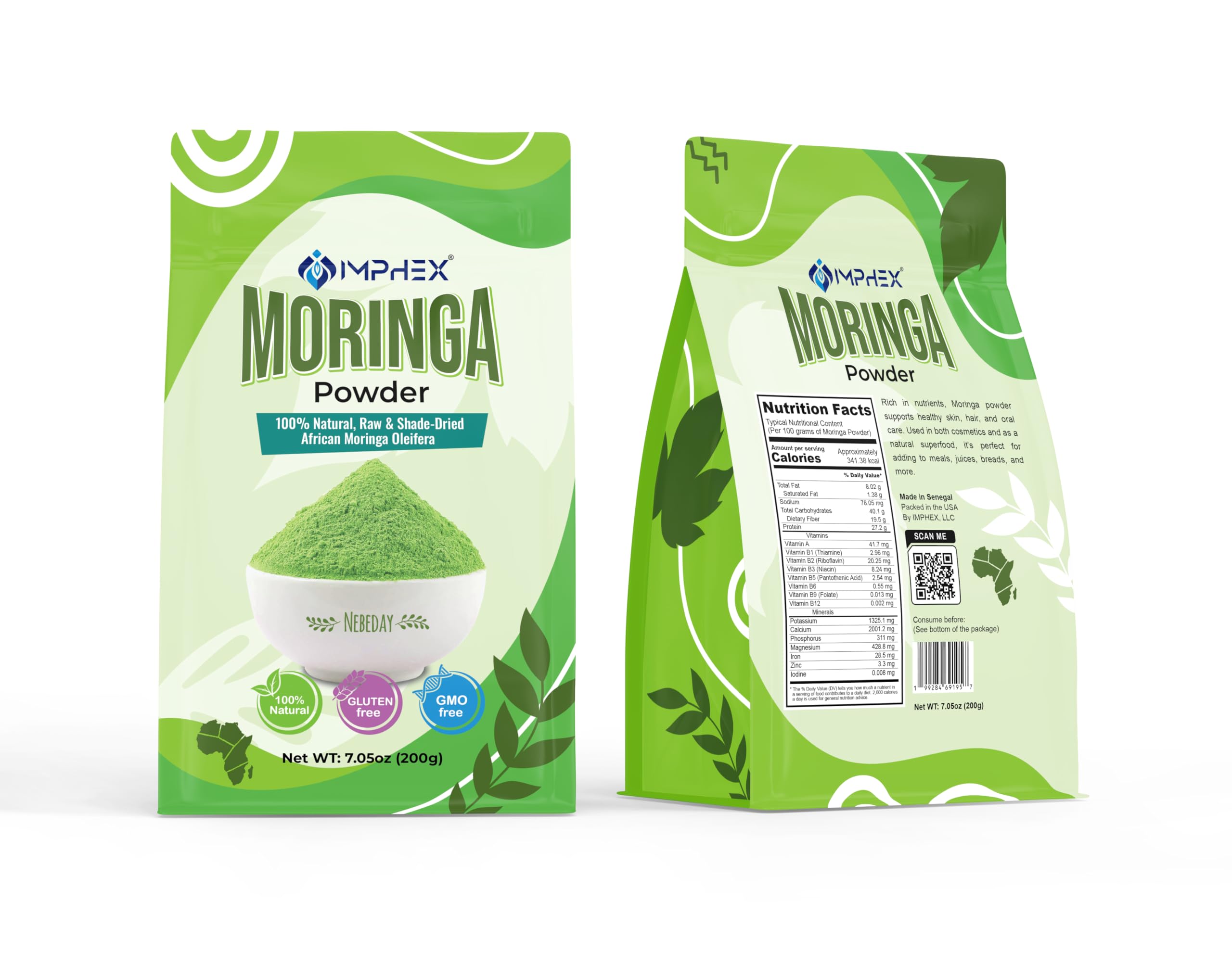 IMPHEX Moringa Powder – Raw & Natural from Senegal | 100% Pure Superfood | Rich in Iron, Calcium & Antioxidants | Non-GMO, Gluten-Free, No Additives | 7.05 oz (200g)