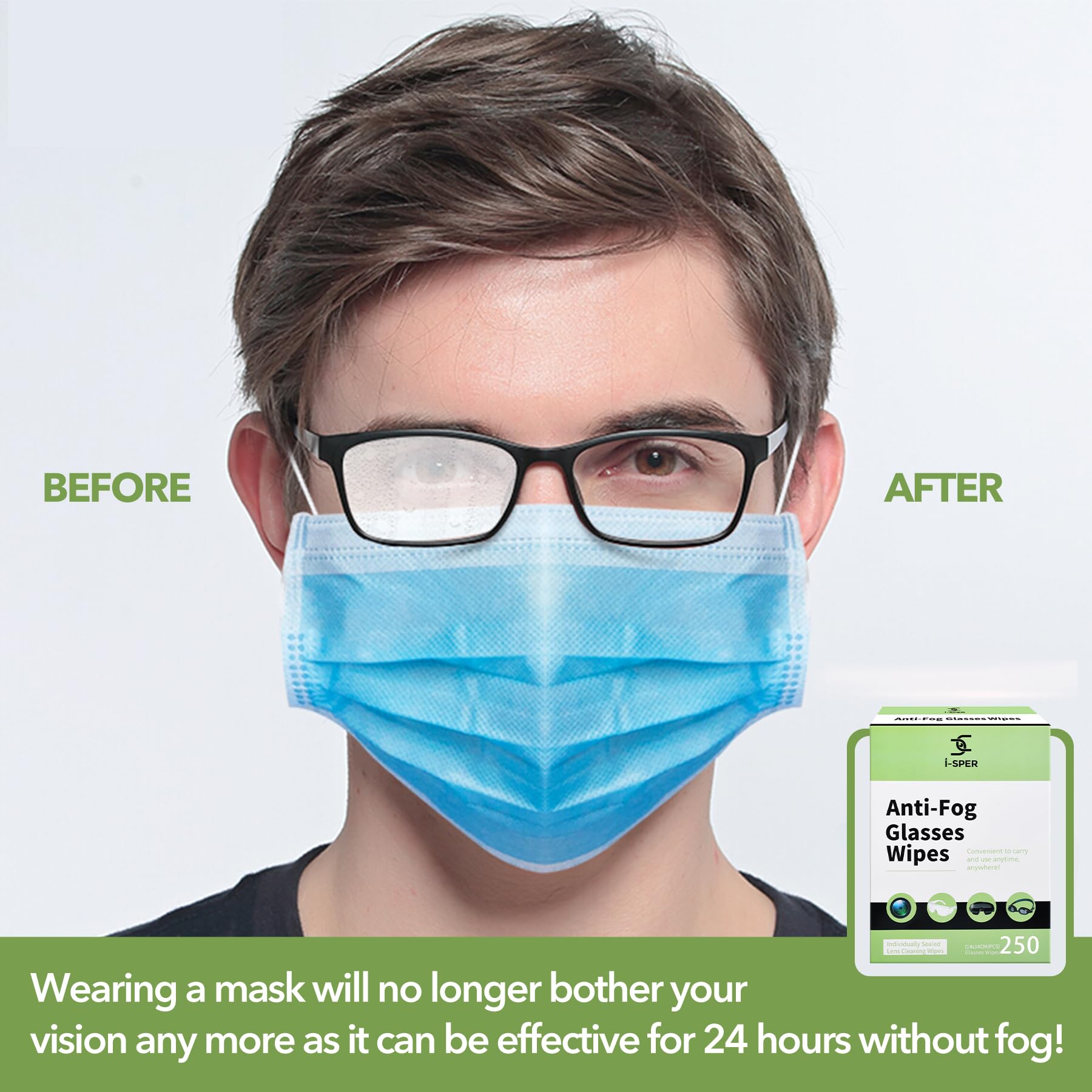 250 Count Anti-Fog Lens Wipes for Eyeglasses – Carry Box, Pre-Moistened