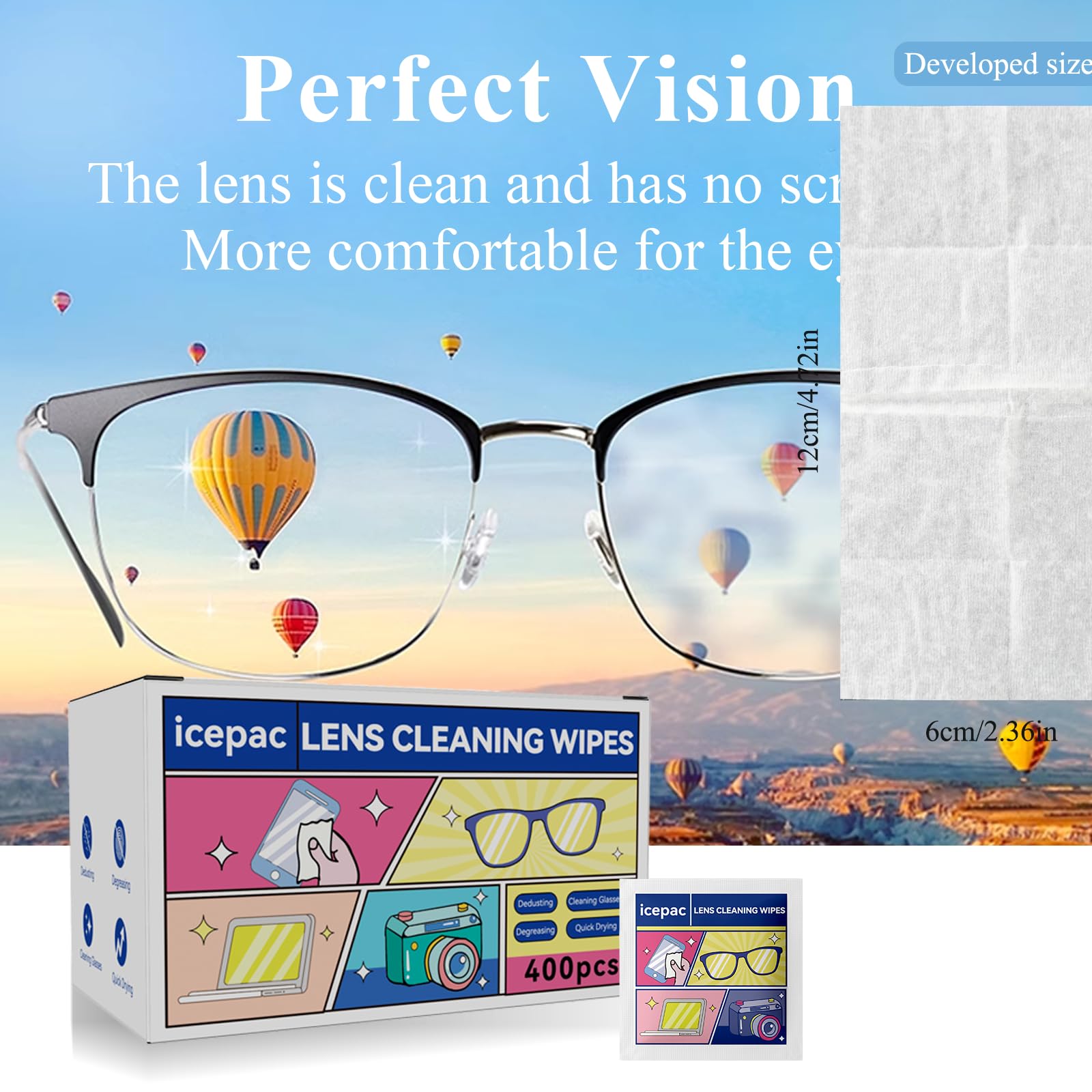 Glasses Wipes Lens Cleaner – 400 Pre-Moistened Wipes | Safe Cleaning for Glasses, Screens & Lenses