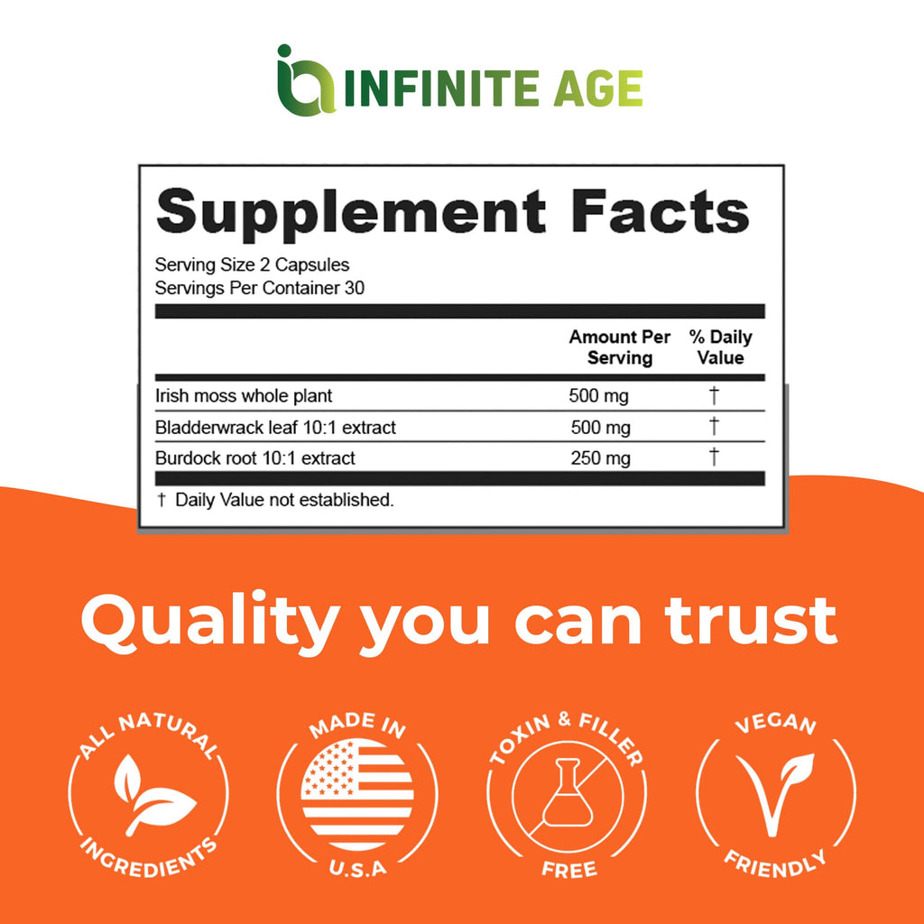INFINITE AGE Sea Moss Capsules 3 Pack – 1250mg per serving, 180 Count, Vegan, USA Made