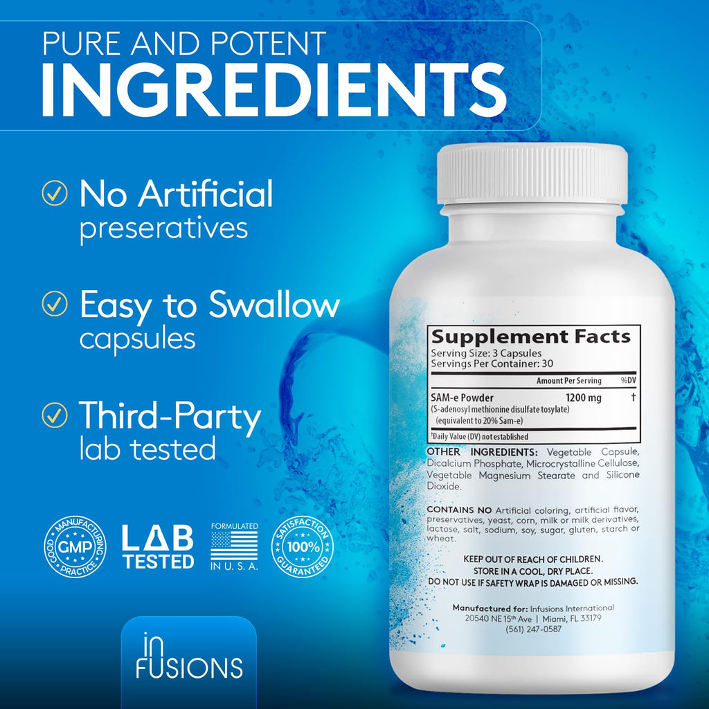 Infusions Maximum Strength Pure SAM-e 1200mg 90 Vegetable Capsules (S-adensoyl-methionine)